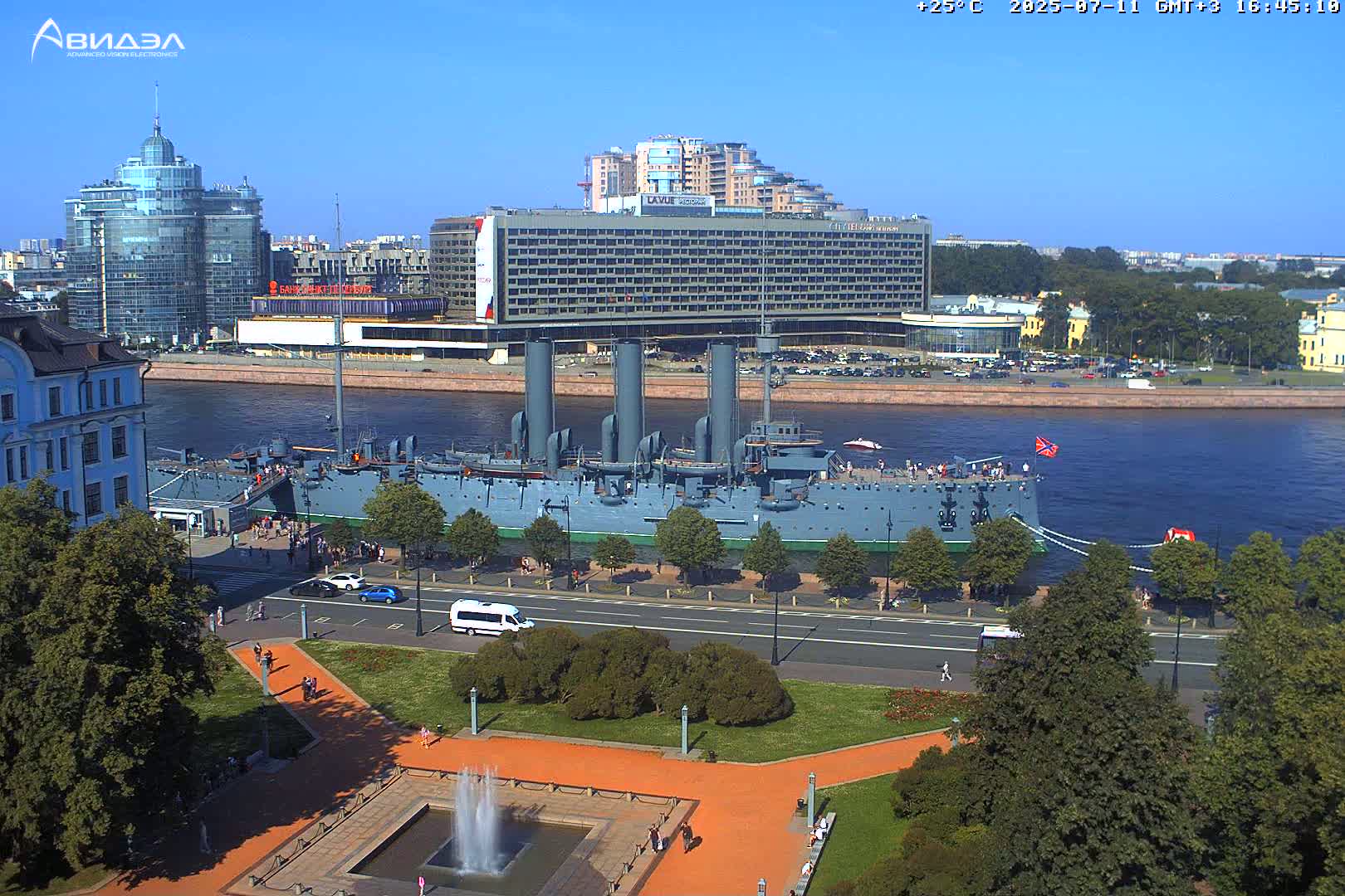 Museum of Russian Historic Cruiser Ship/Aurora Concert Hall & East St. Petersburg Skyline Live Cam - Posadsky, Petrogradsky, Saint Petersburg, Northwestern (Severo-Zapadnyy), Russia