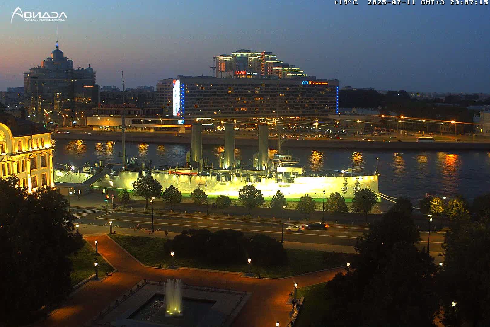 Museum of Russian Historic Cruiser Ship/Aurora Concert Hall & East St. Petersburg Skyline Live Cam - Posadsky, Petrogradsky, Saint Petersburg, Northwestern (Severo-Zapadnyy), Russia