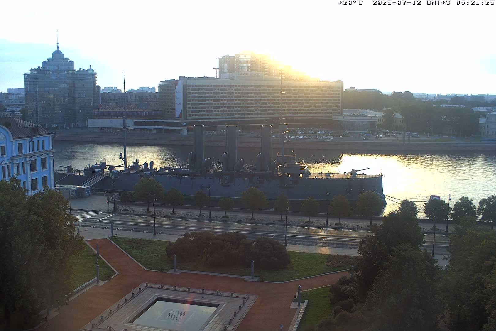 Museum of Russian Historic Cruiser Ship/Aurora Concert Hall & East St. Petersburg Skyline Live Cam - Posadsky, Petrogradsky, Saint Petersburg, Northwestern (Severo-Zapadnyy), Russia