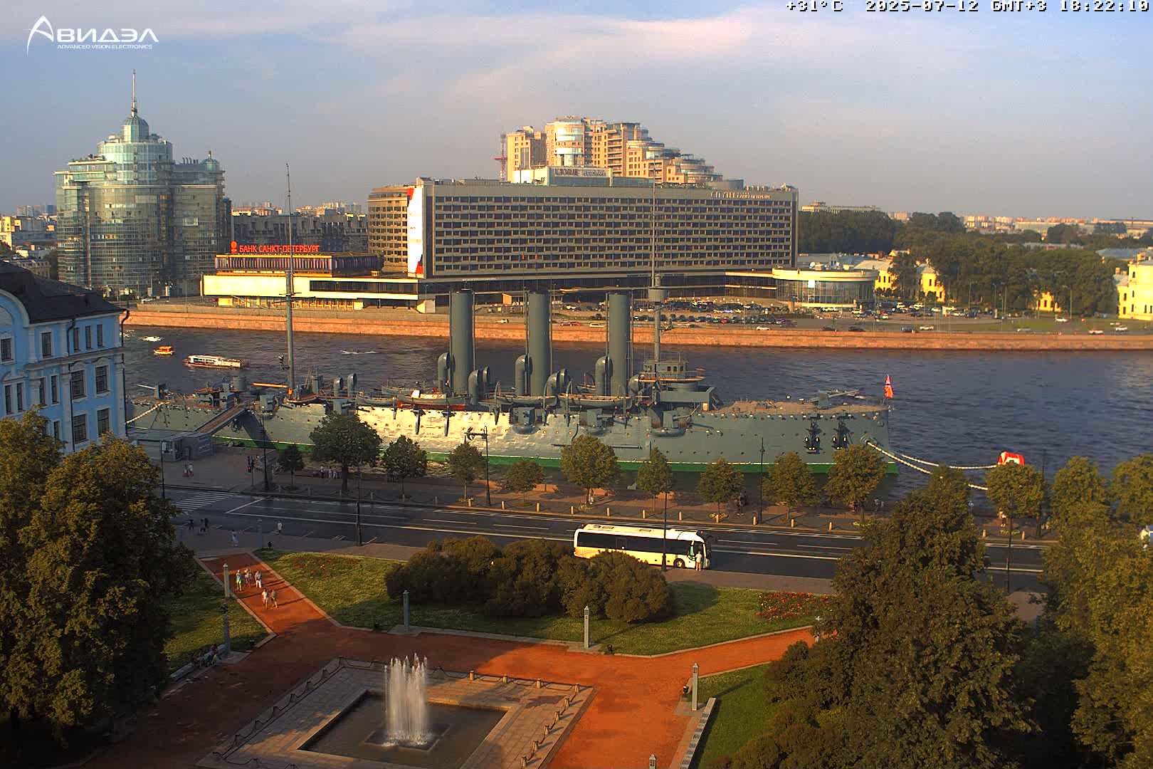 Museum of Russian Historic Cruiser Ship/Aurora Concert Hall & East St. Petersburg Skyline Live Cam - Posadsky, Petrogradsky, Saint Petersburg, Northwestern (Severo-Zapadnyy), Russia