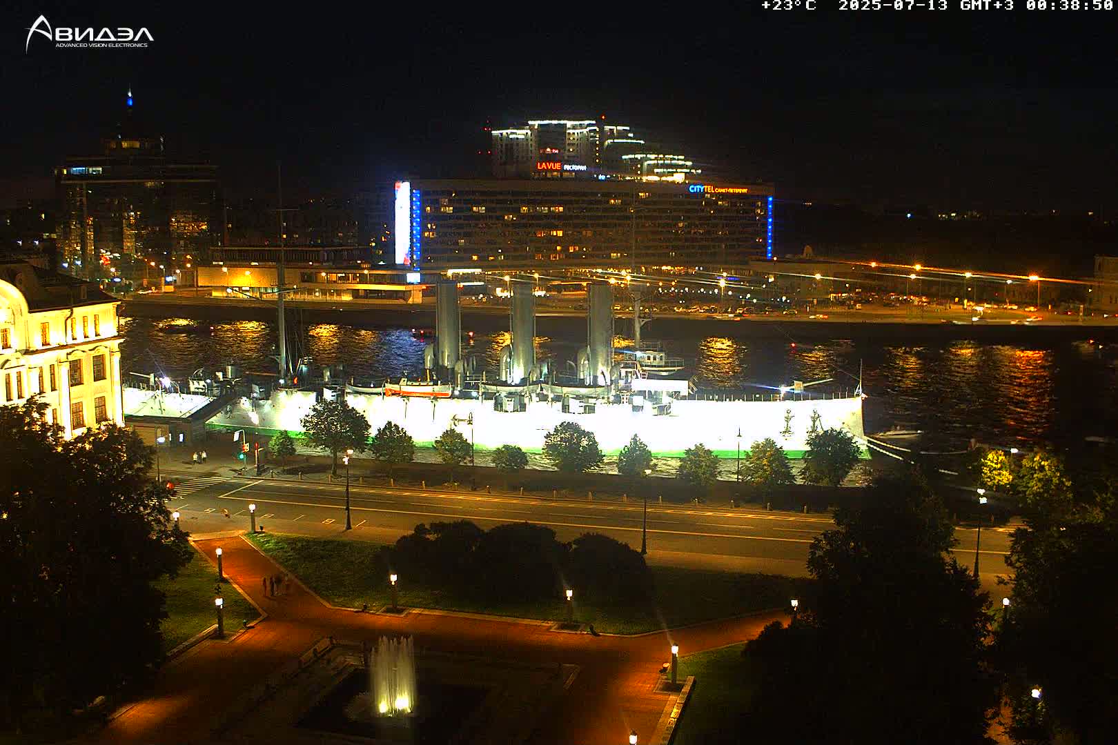 Museum of Russian Historic Cruiser Ship/Aurora Concert Hall & East St. Petersburg Skyline Live Cam - Posadsky, Petrogradsky, Saint Petersburg, Northwestern (Severo-Zapadnyy), Russia