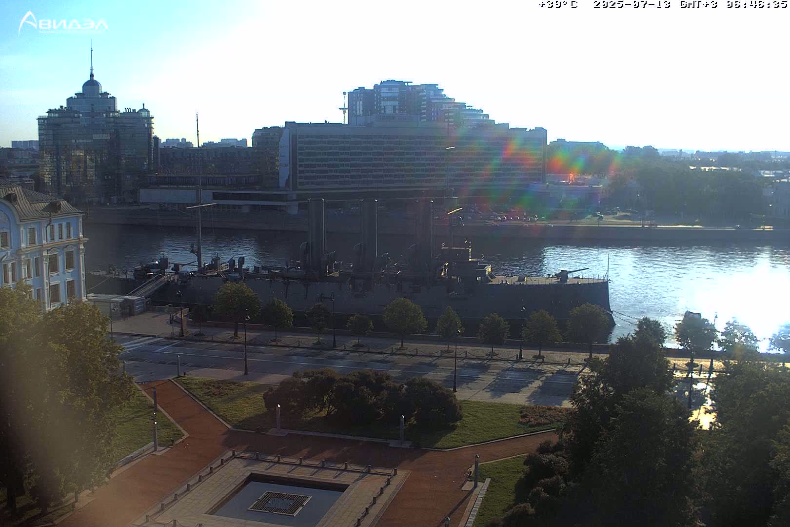 Museum of Russian Historic Cruiser Ship/Aurora Concert Hall & East St. Petersburg Skyline Live Cam - Posadsky, Petrogradsky, Saint Petersburg, Northwestern (Severo-Zapadnyy), Russia