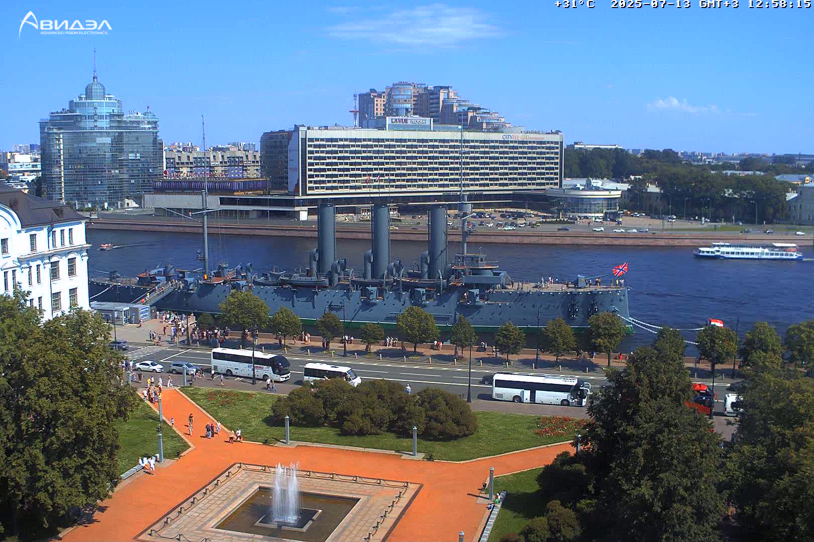 Museum of Russian Historic Cruiser Ship/Aurora Concert Hall & East St. Petersburg Skyline Live Cam - Posadsky, Petrogradsky, Saint Petersburg, Northwestern (Severo-Zapadnyy), Russia