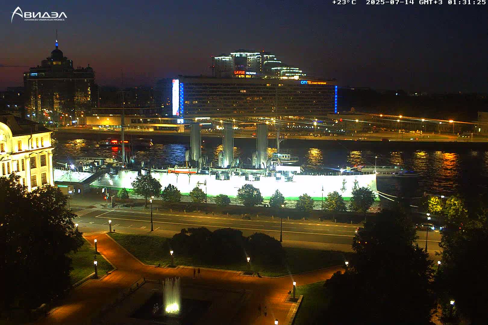 Museum of Russian Historic Cruiser Ship/Aurora Concert Hall & East St. Petersburg Skyline Live Cam - Posadsky, Petrogradsky, Saint Petersburg, Northwestern (Severo-Zapadnyy), Russia