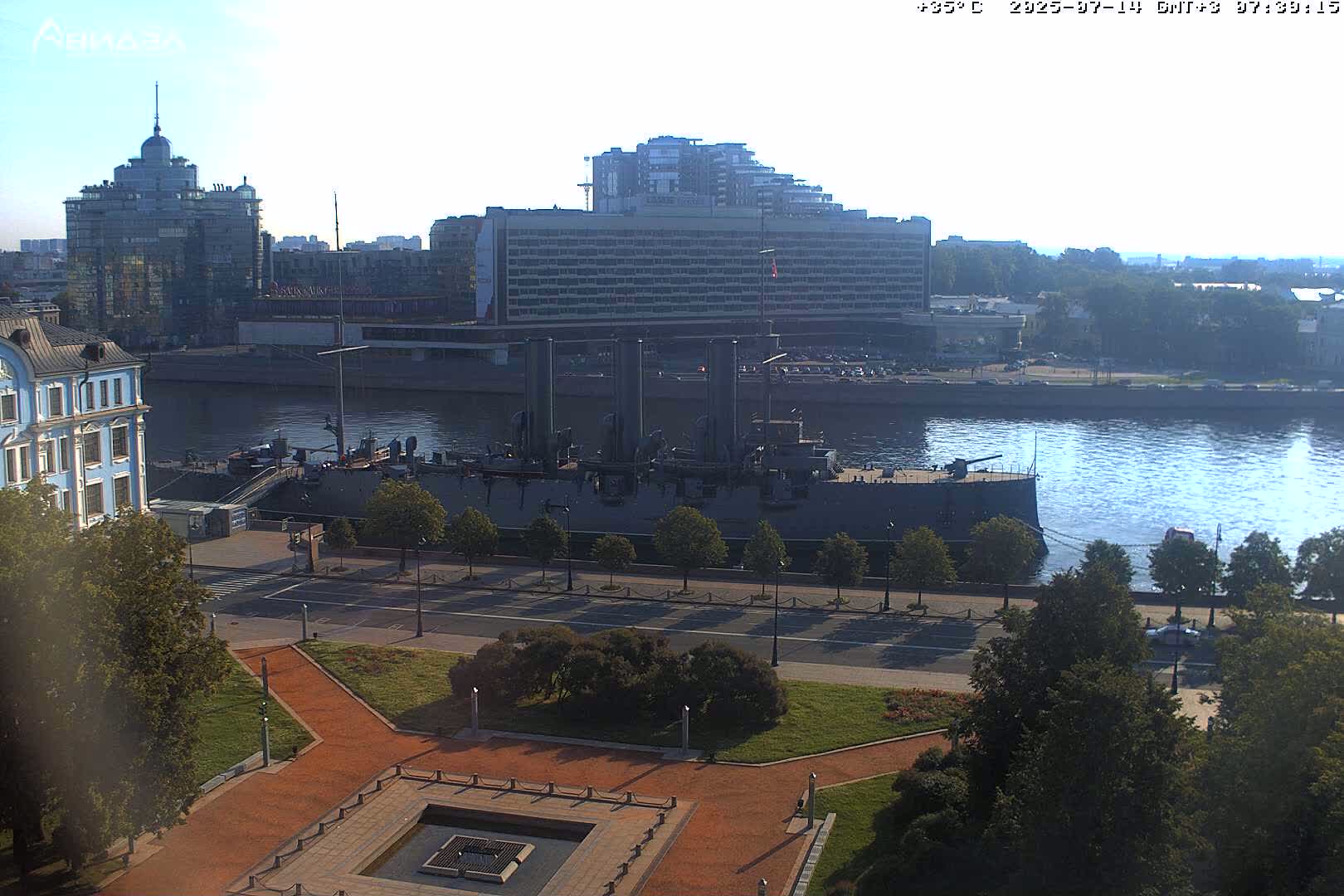 Museum of Russian Historic Cruiser Ship/Aurora Concert Hall & East St. Petersburg Skyline Live Cam - Posadsky, Petrogradsky, Saint Petersburg, Northwestern (Severo-Zapadnyy), Russia