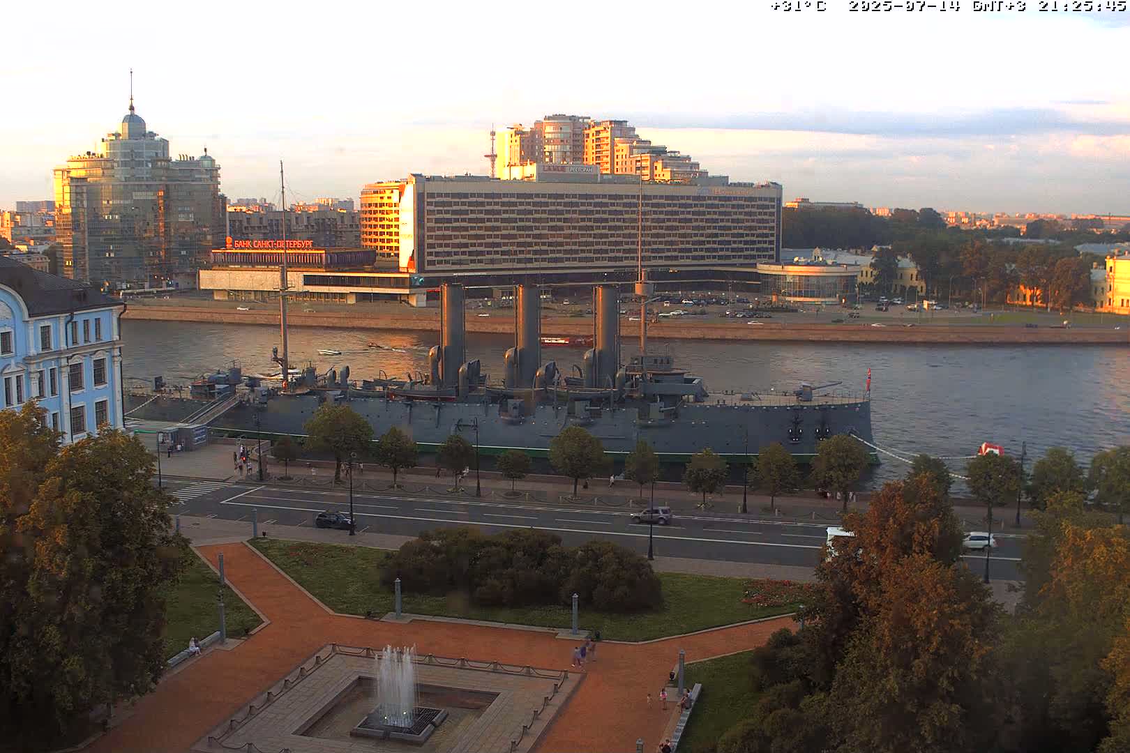 Museum of Russian Historic Cruiser Ship/Aurora Concert Hall & East St. Petersburg Skyline Live Cam - Posadsky, Petrogradsky, Saint Petersburg, Northwestern (Severo-Zapadnyy), Russia