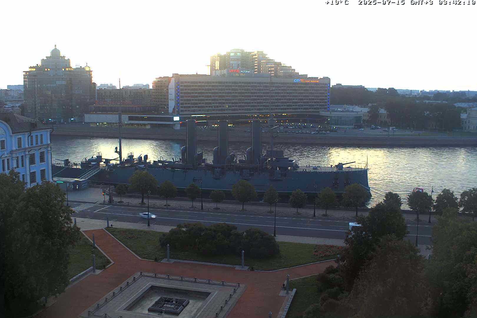 Museum of Russian Historic Cruiser Ship/Aurora Concert Hall & East St. Petersburg Skyline Live Cam - Posadsky, Petrogradsky, Saint Petersburg, Northwestern (Severo-Zapadnyy), Russia
