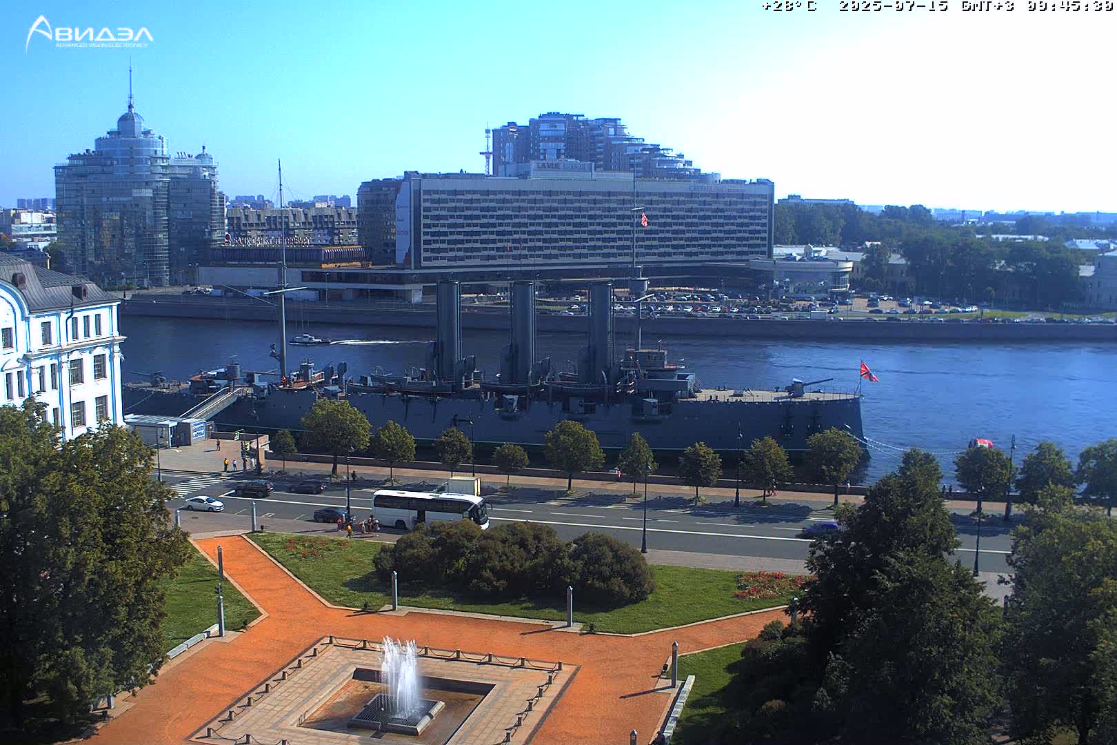 Museum of Russian Historic Cruiser Ship/Aurora Concert Hall & East St. Petersburg Skyline Live Cam - Posadsky, Petrogradsky, Saint Petersburg, Northwestern (Severo-Zapadnyy), Russia