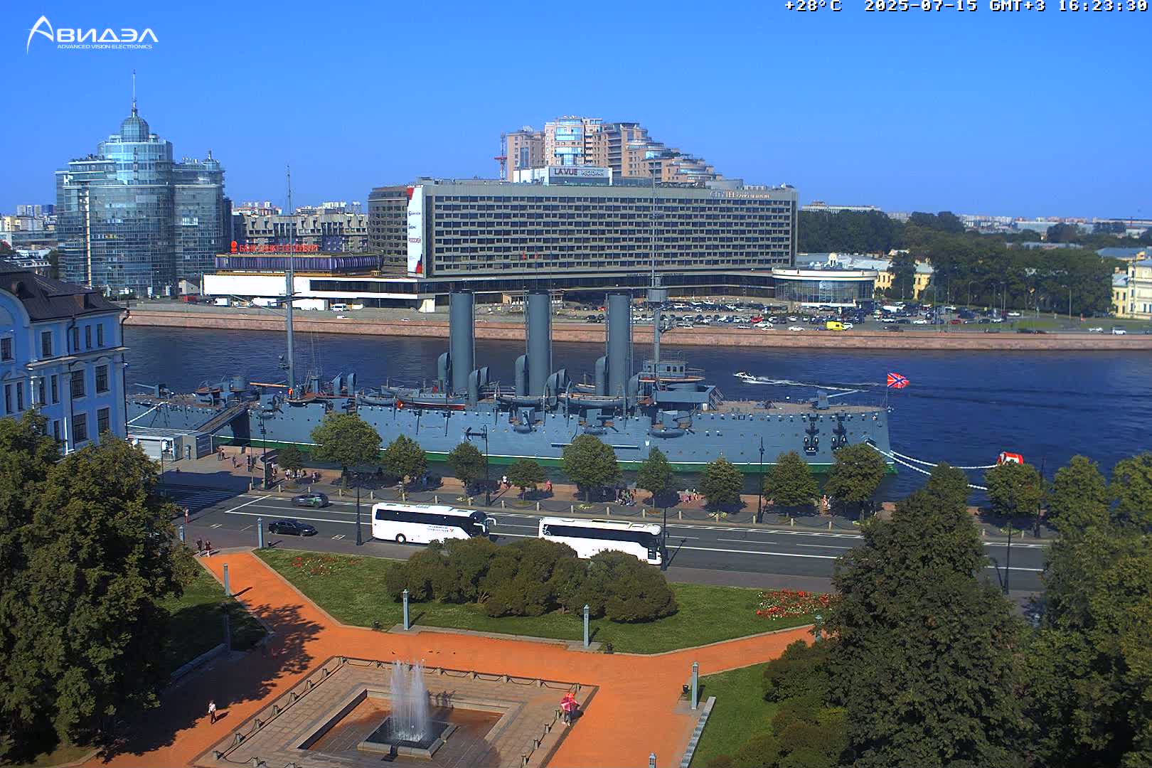 Museum of Russian Historic Cruiser Ship/Aurora Concert Hall & East St. Petersburg Skyline Live Cam - Posadsky, Petrogradsky, Saint Petersburg, Northwestern (Severo-Zapadnyy), Russia