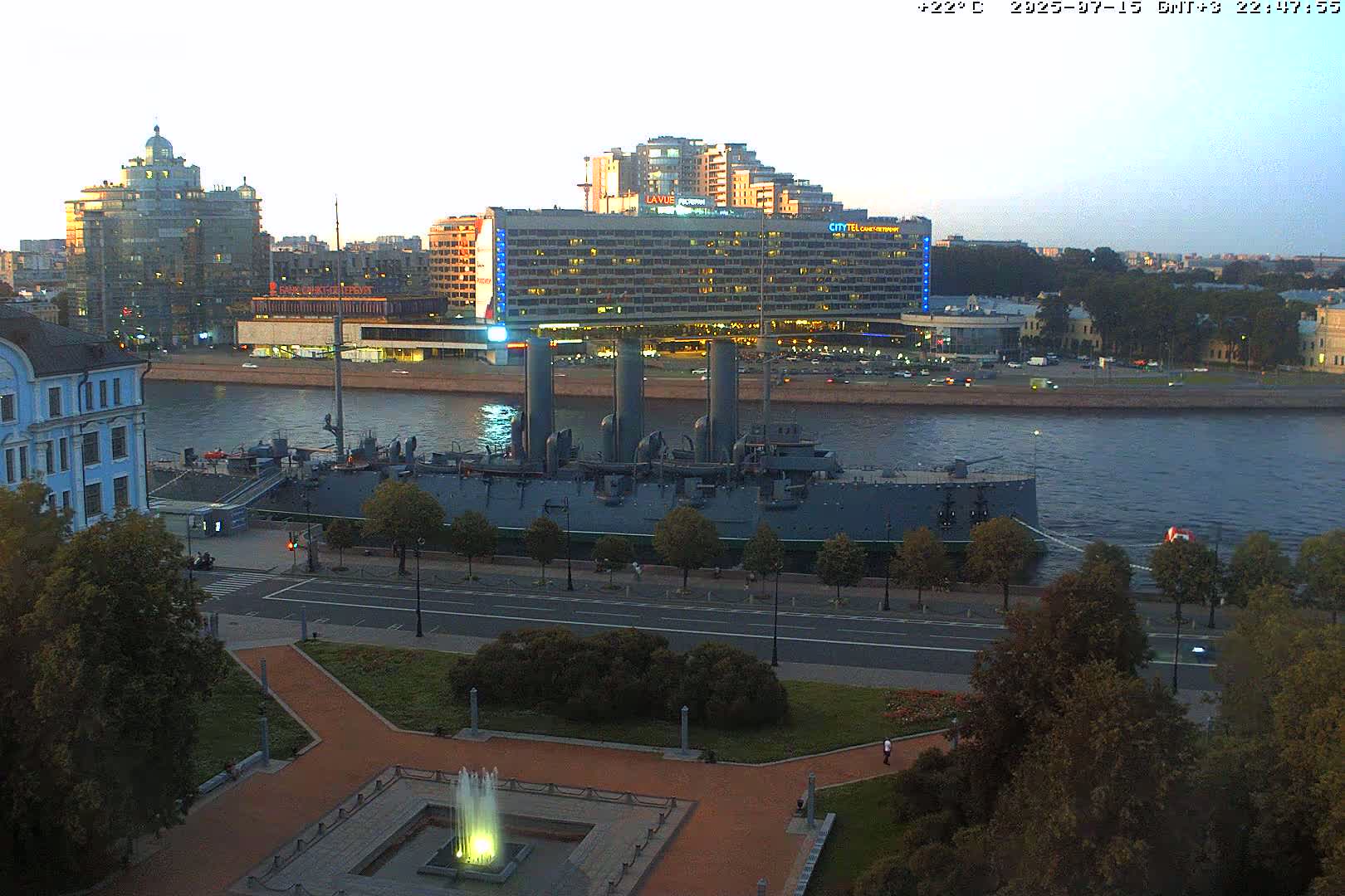 Museum of Russian Historic Cruiser Ship/Aurora Concert Hall & East St. Petersburg Skyline Live Cam - Posadsky, Petrogradsky, Saint Petersburg, Northwestern (Severo-Zapadnyy), Russia