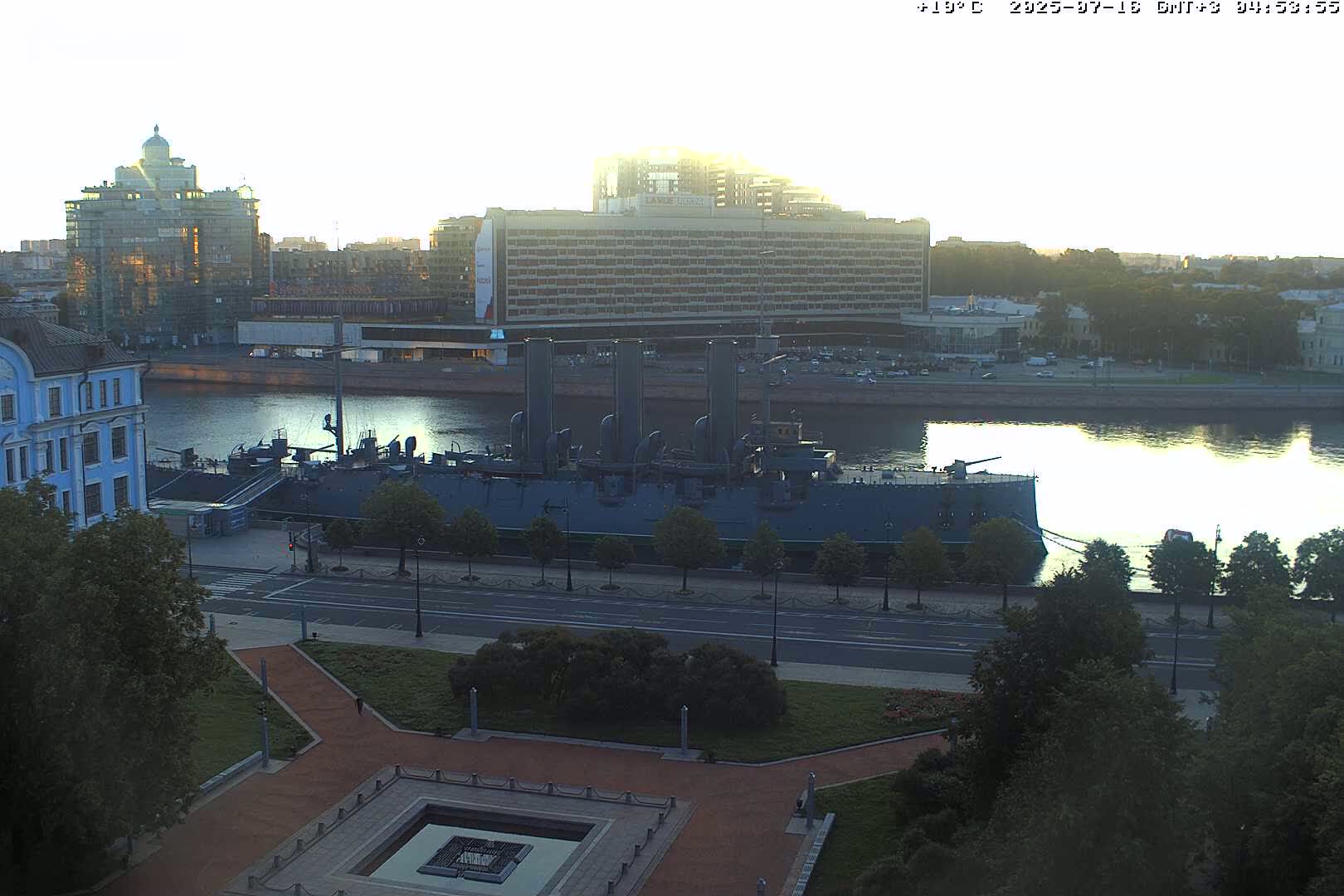 Museum of Russian Historic Cruiser Ship/Aurora Concert Hall & East St. Petersburg Skyline Live Cam - Posadsky, Petrogradsky, Saint Petersburg, Northwestern (Severo-Zapadnyy), Russia