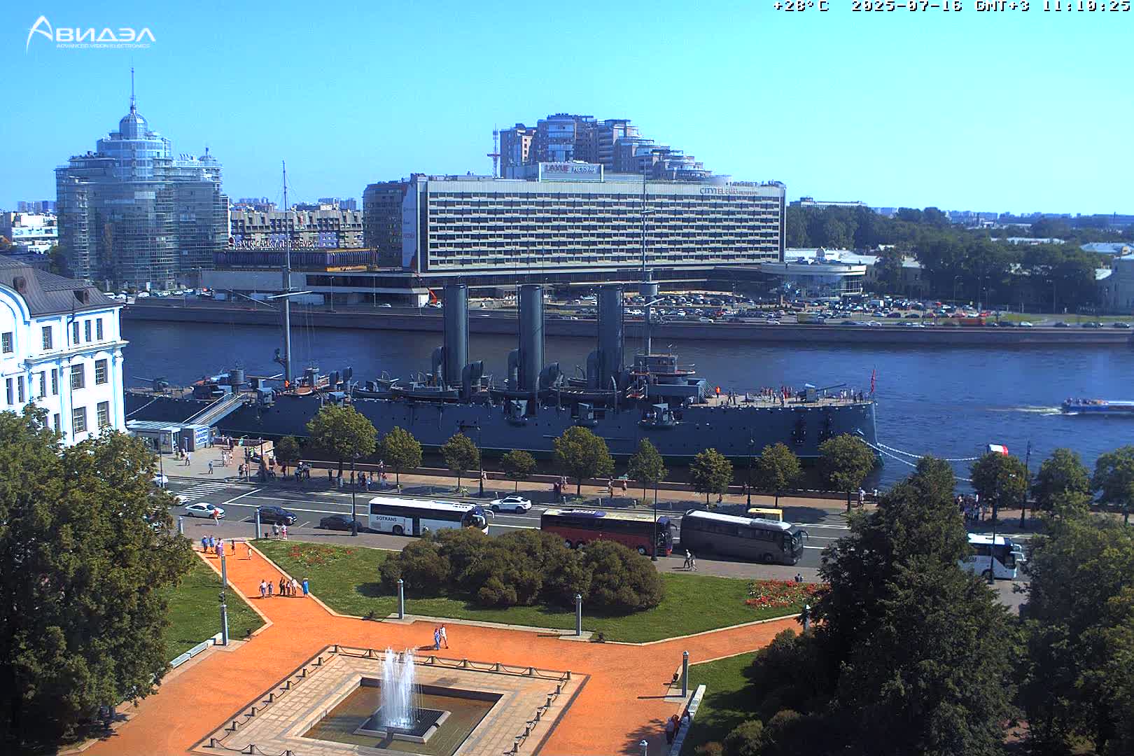 Museum of Russian Historic Cruiser Ship/Aurora Concert Hall & East St. Petersburg Skyline Live Cam - Posadsky, Petrogradsky, Saint Petersburg, Northwestern (Severo-Zapadnyy), Russia