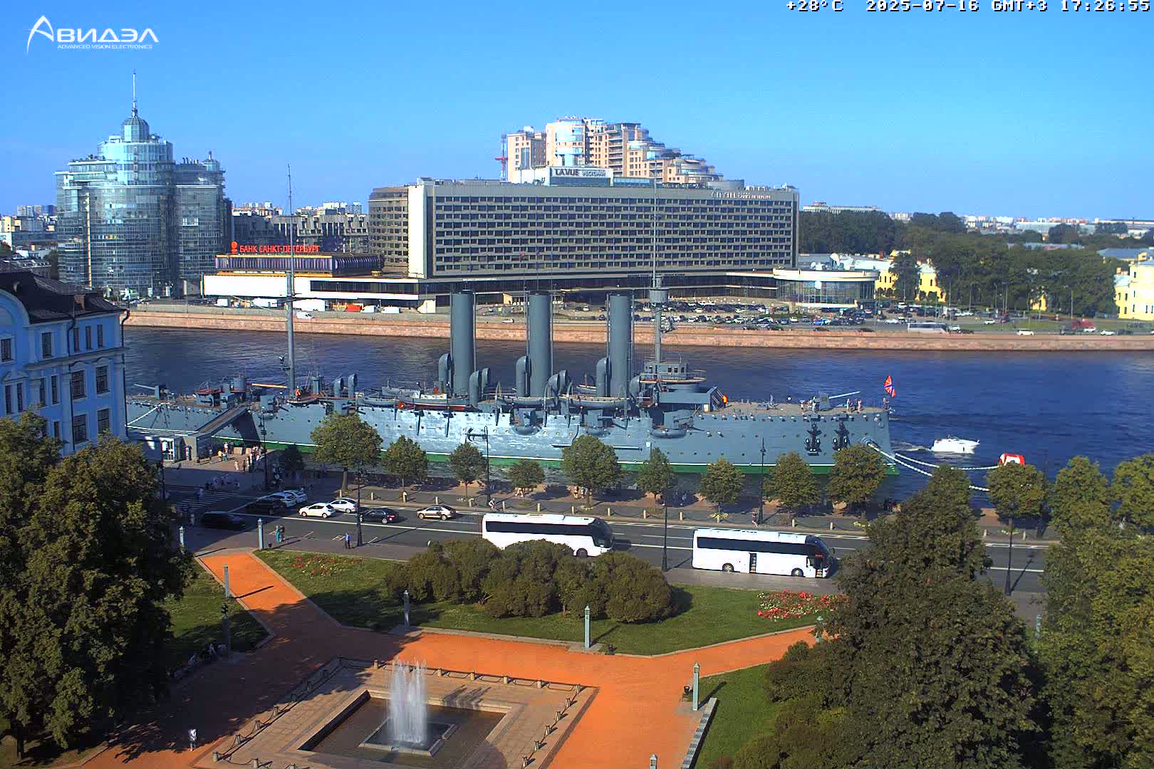 Museum of Russian Historic Cruiser Ship/Aurora Concert Hall & East St. Petersburg Skyline Live Cam - Posadsky, Petrogradsky, Saint Petersburg, Northwestern (Severo-Zapadnyy), Russia