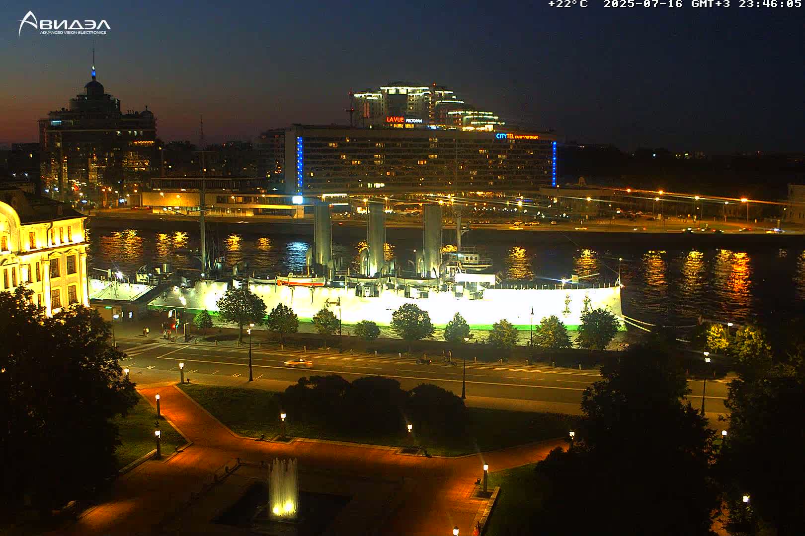 Museum of Russian Historic Cruiser Ship/Aurora Concert Hall & East St. Petersburg Skyline Live Cam - Posadsky, Petrogradsky, Saint Petersburg, Northwestern (Severo-Zapadnyy), Russia