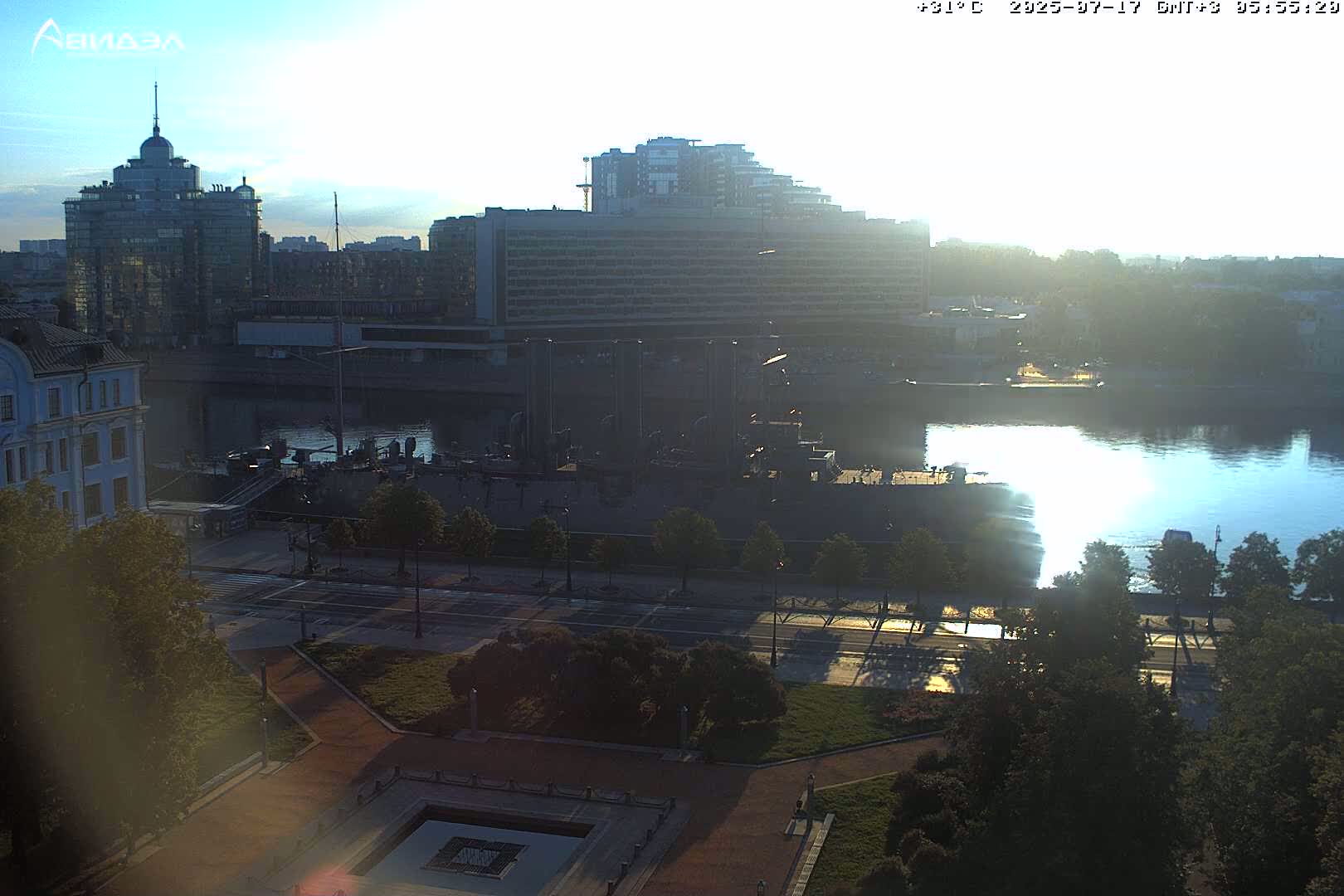 Museum of Russian Historic Cruiser Ship/Aurora Concert Hall & East St. Petersburg Skyline Live Cam - Posadsky, Petrogradsky, Saint Petersburg, Northwestern (Severo-Zapadnyy), Russia