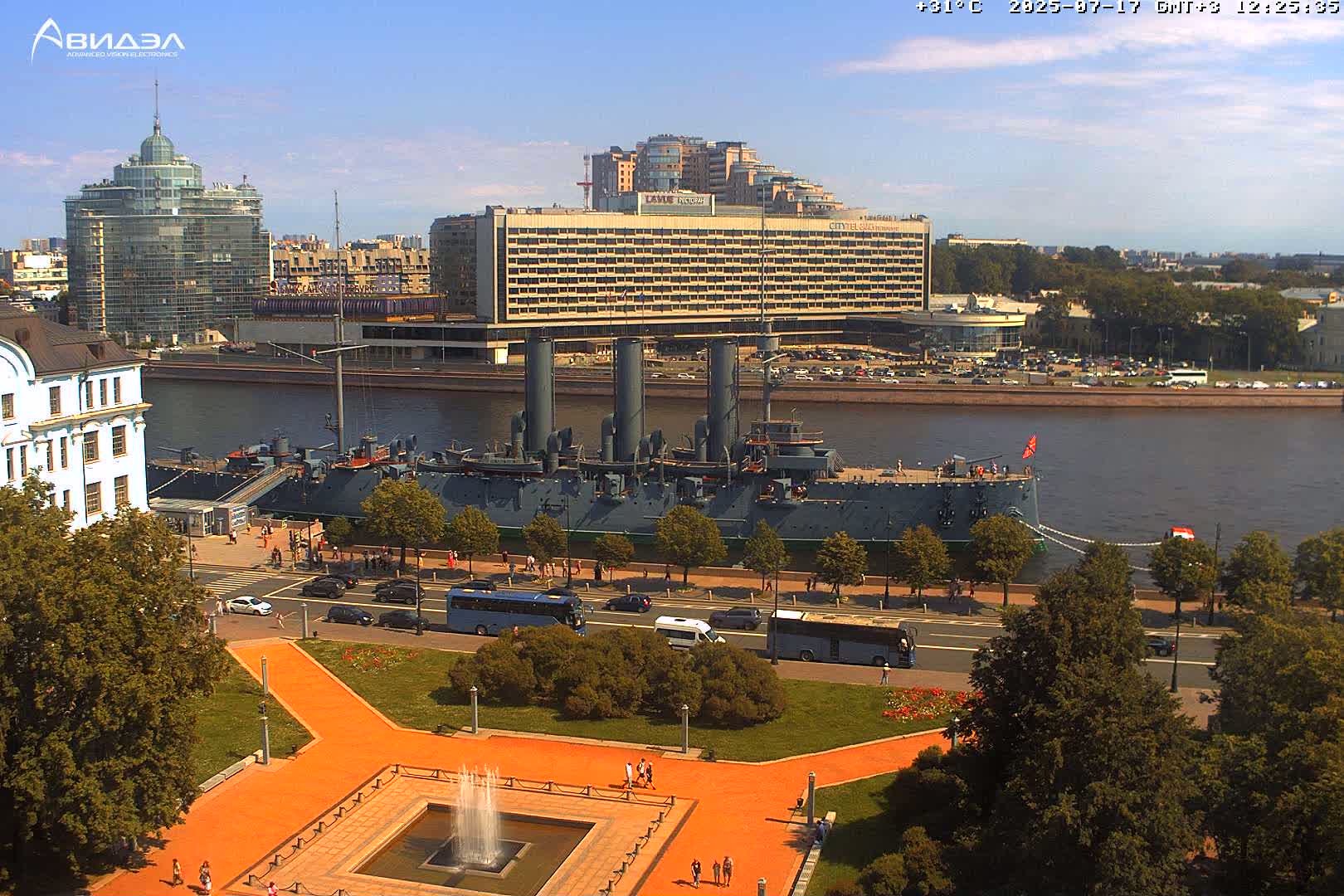 Museum of Russian Historic Cruiser Ship/Aurora Concert Hall & East St. Petersburg Skyline Live Cam - Posadsky, Petrogradsky, Saint Petersburg, Northwestern (Severo-Zapadnyy), Russia