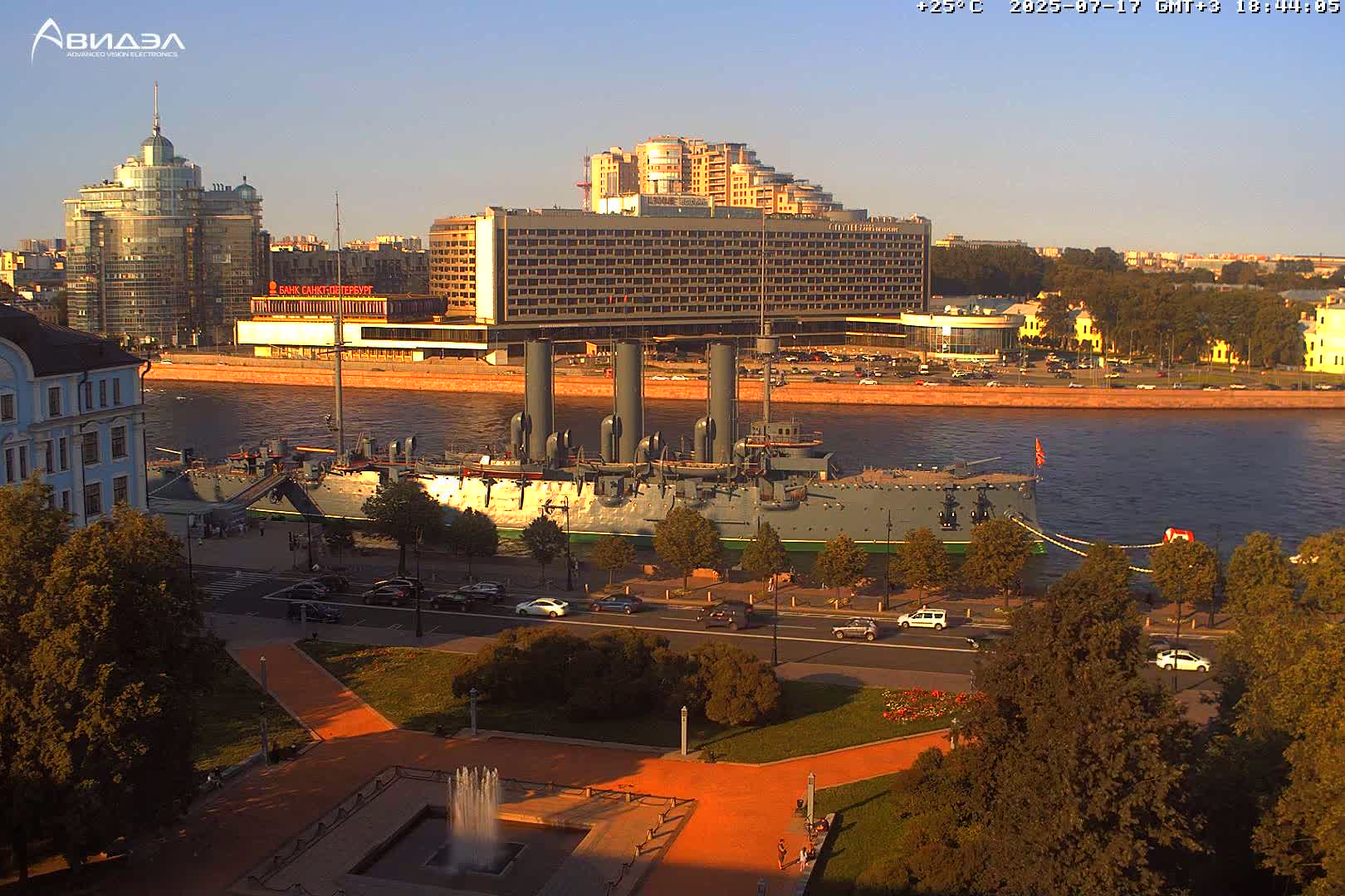 Museum of Russian Historic Cruiser Ship/Aurora Concert Hall & East St. Petersburg Skyline Live Cam - Posadsky, Petrogradsky, Saint Petersburg, Northwestern (Severo-Zapadnyy), Russia