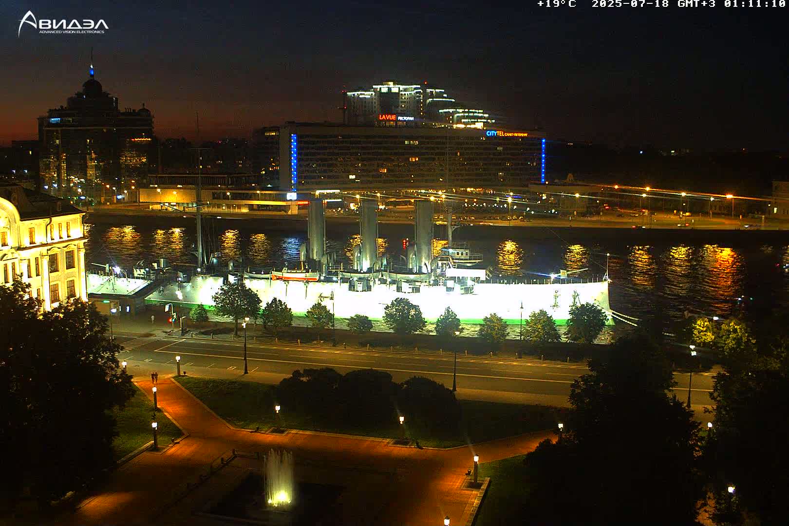 Museum of Russian Historic Cruiser Ship/Aurora Concert Hall & East St. Petersburg Skyline Live Cam - Posadsky, Petrogradsky, Saint Petersburg, Northwestern (Severo-Zapadnyy), Russia
