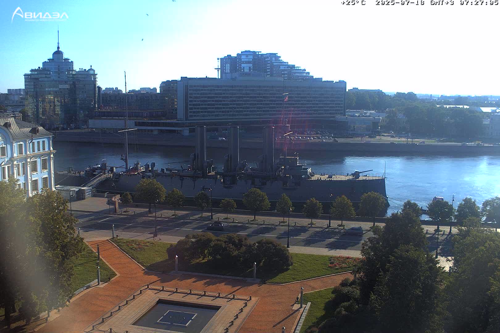 Museum of Russian Historic Cruiser Ship/Aurora Concert Hall & East St. Petersburg Skyline Live Cam - Posadsky, Petrogradsky, Saint Petersburg, Northwestern (Severo-Zapadnyy), Russia