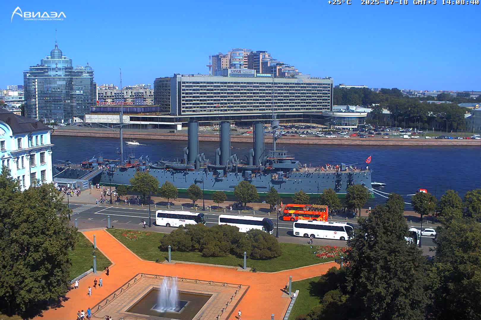 Museum of Russian Historic Cruiser Ship/Aurora Concert Hall & East St. Petersburg Skyline Live Cam - Posadsky, Petrogradsky, Saint Petersburg, Northwestern (Severo-Zapadnyy), Russia