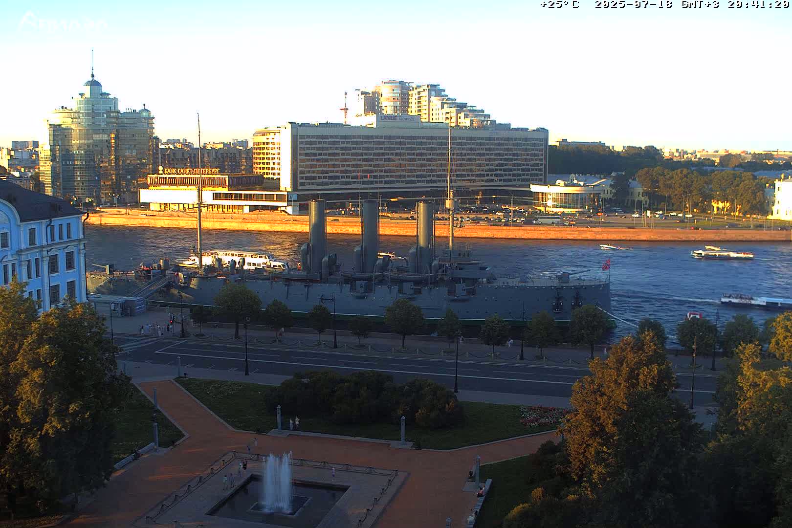 Museum of Russian Historic Cruiser Ship/Aurora Concert Hall & East St. Petersburg Skyline Live Cam - Posadsky, Petrogradsky, Saint Petersburg, Northwestern (Severo-Zapadnyy), Russia