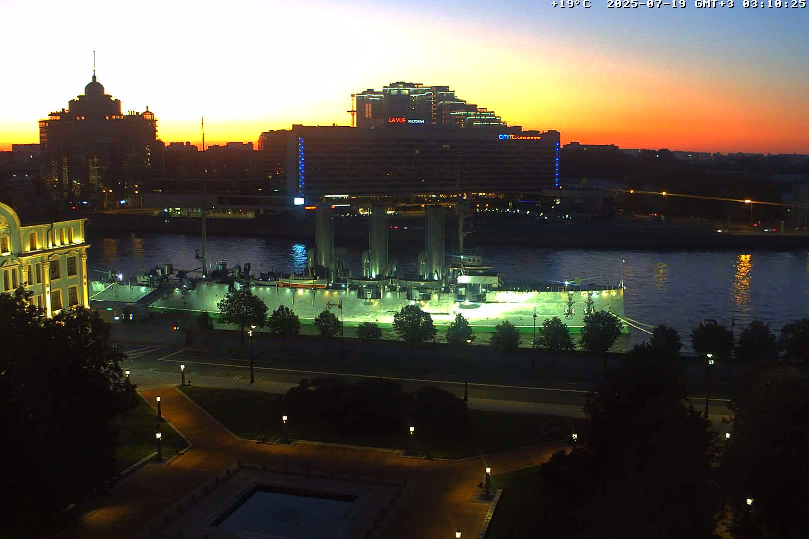 Museum of Russian Historic Cruiser Ship/Aurora Concert Hall & East St. Petersburg Skyline Live Cam - Posadsky, Petrogradsky, Saint Petersburg, Northwestern (Severo-Zapadnyy), Russia