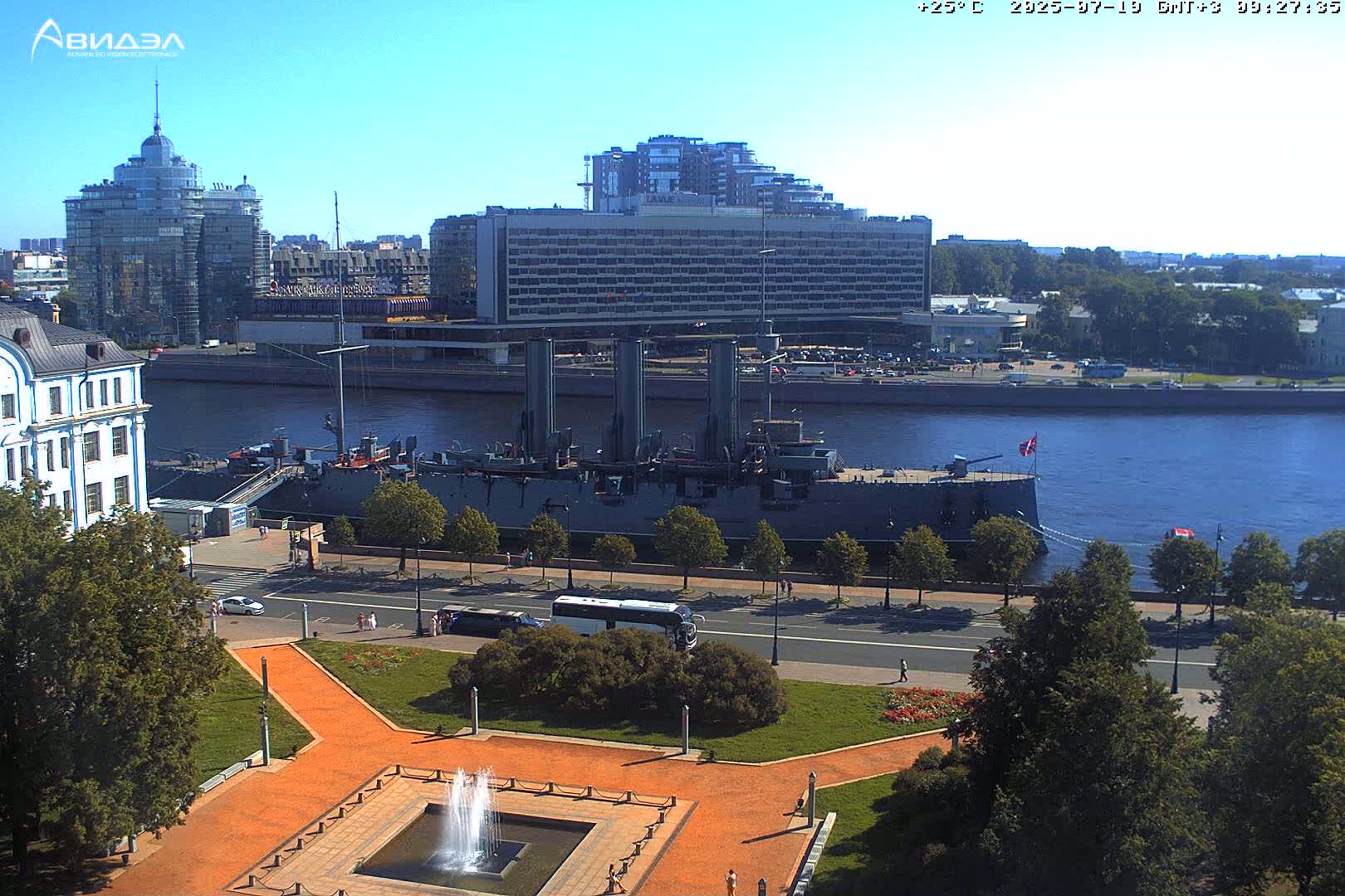 Museum of Russian Historic Cruiser Ship/Aurora Concert Hall & East St. Petersburg Skyline Live Cam - Posadsky, Petrogradsky, Saint Petersburg, Northwestern (Severo-Zapadnyy), Russia