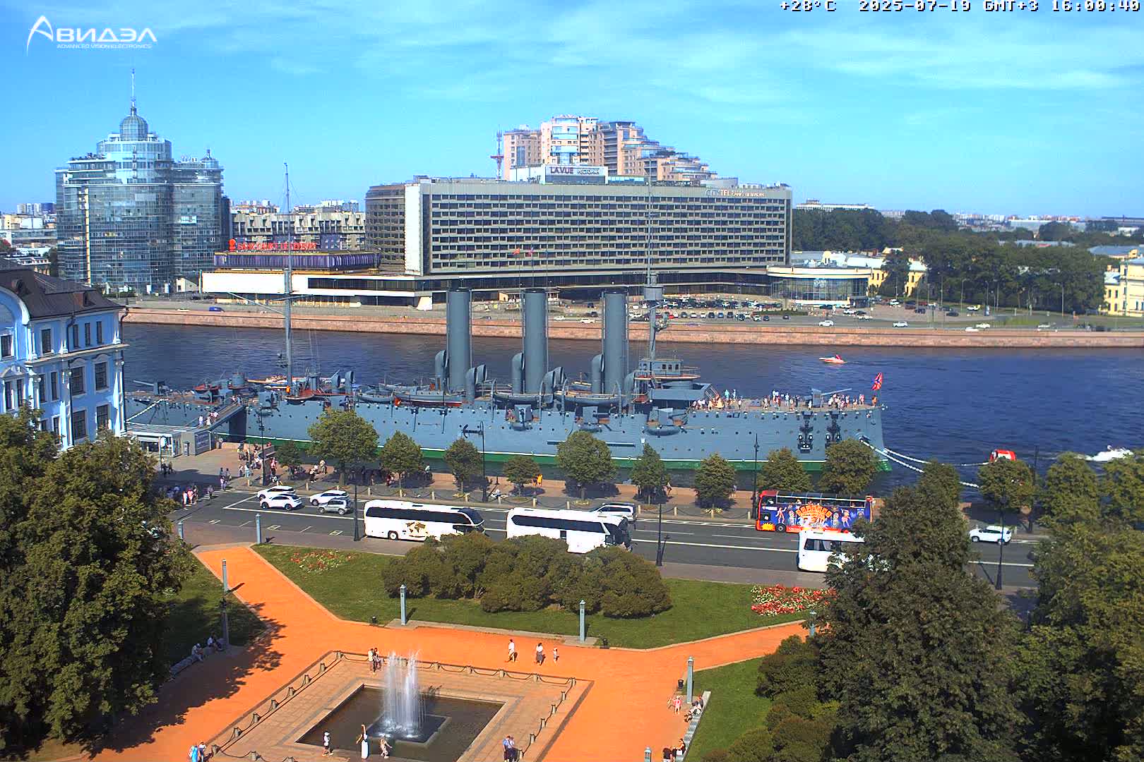 Museum of Russian Historic Cruiser Ship/Aurora Concert Hall & East St. Petersburg Skyline Live Cam - Posadsky, Petrogradsky, Saint Petersburg, Northwestern (Severo-Zapadnyy), Russia