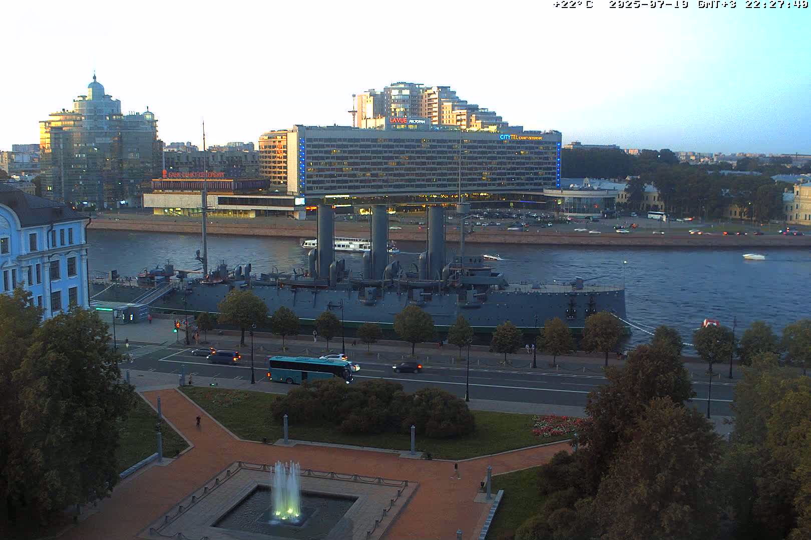 Museum of Russian Historic Cruiser Ship/Aurora Concert Hall & East St. Petersburg Skyline Live Cam - Posadsky, Petrogradsky, Saint Petersburg, Northwestern (Severo-Zapadnyy), Russia