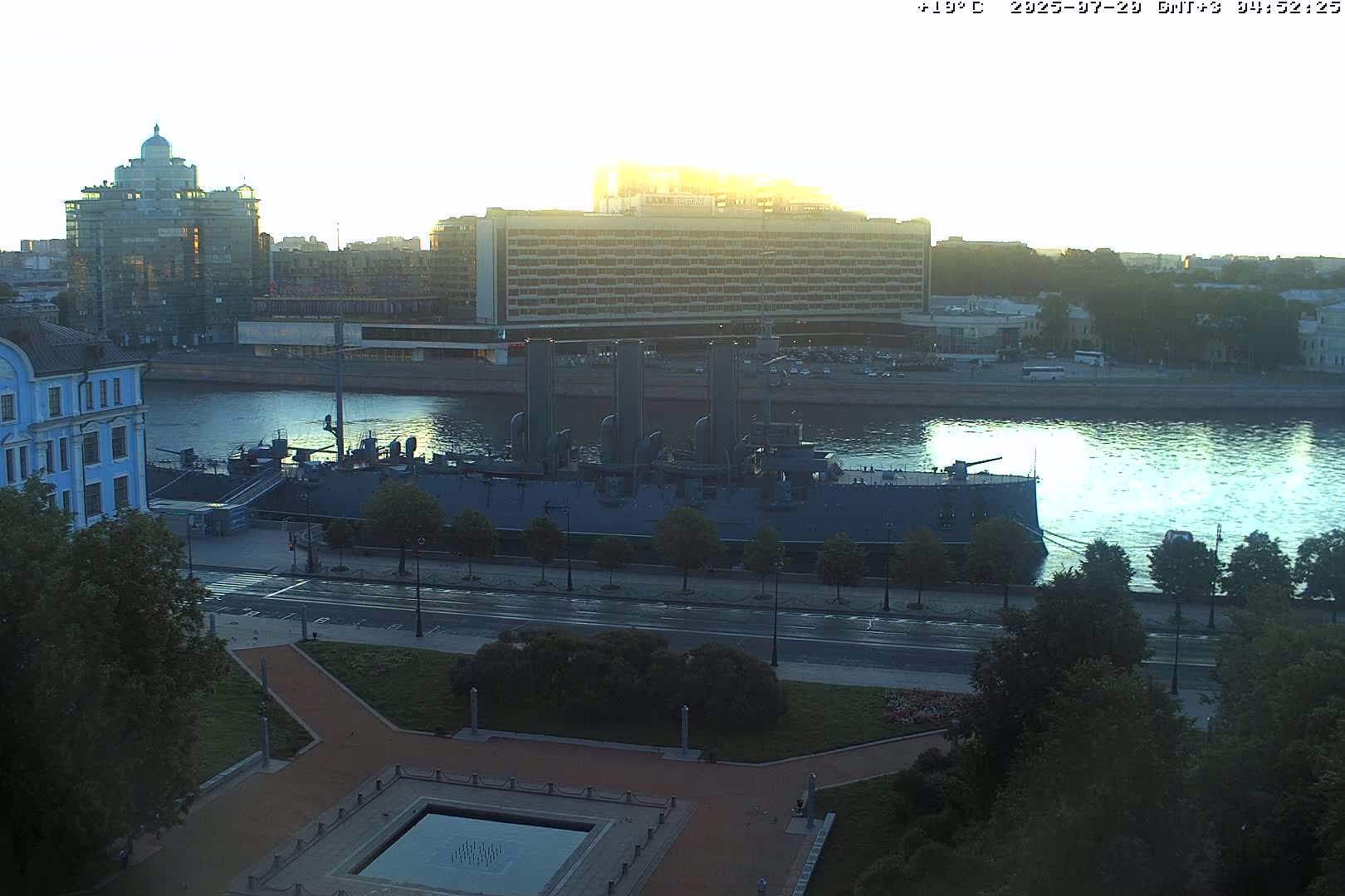 Museum of Russian Historic Cruiser Ship/Aurora Concert Hall & East St. Petersburg Skyline Live Cam - Posadsky, Petrogradsky, Saint Petersburg, Northwestern (Severo-Zapadnyy), Russia