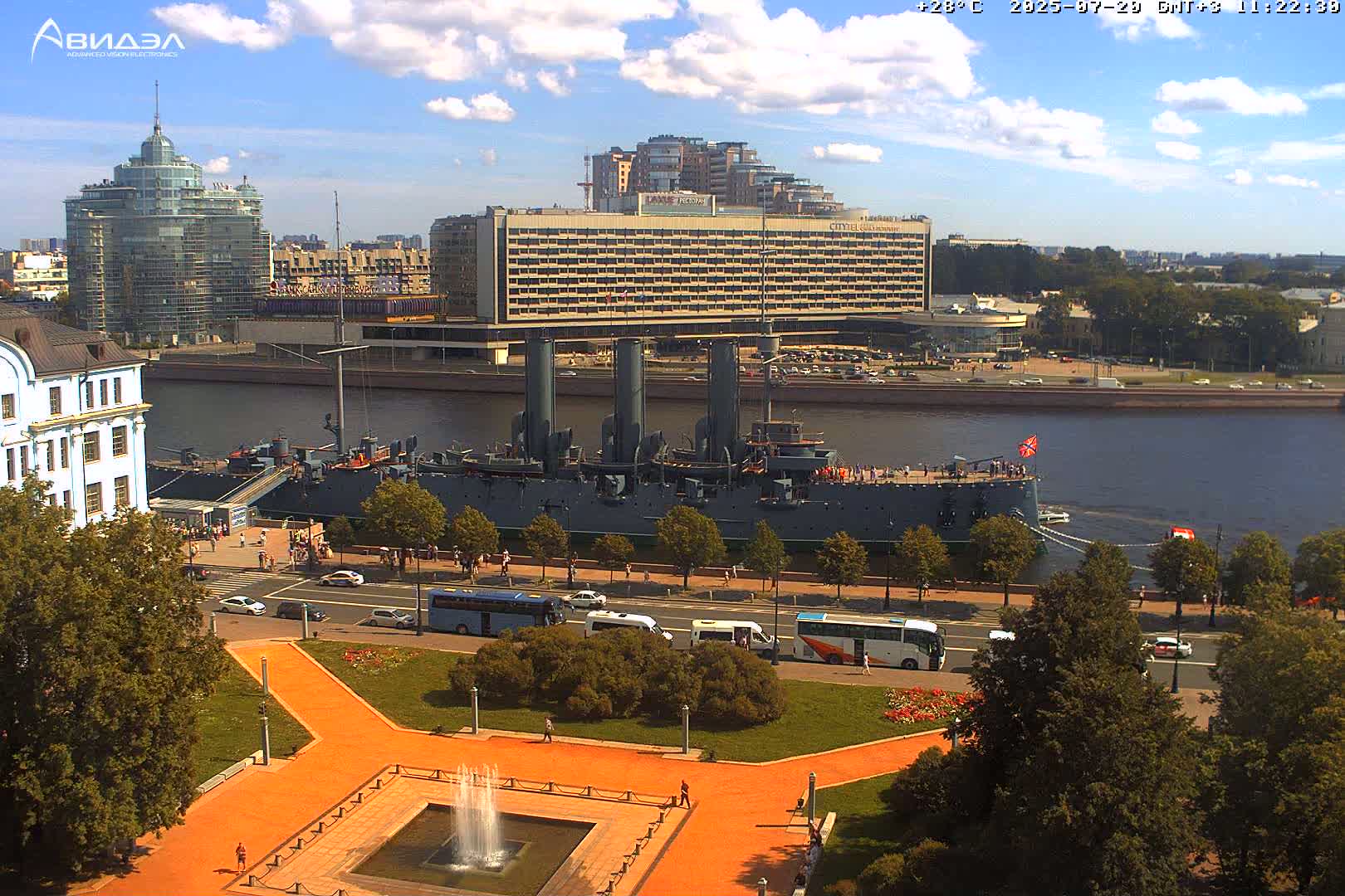 Museum of Russian Historic Cruiser Ship/Aurora Concert Hall & East St. Petersburg Skyline Live Cam - Posadsky, Petrogradsky, Saint Petersburg, Northwestern (Severo-Zapadnyy), Russia