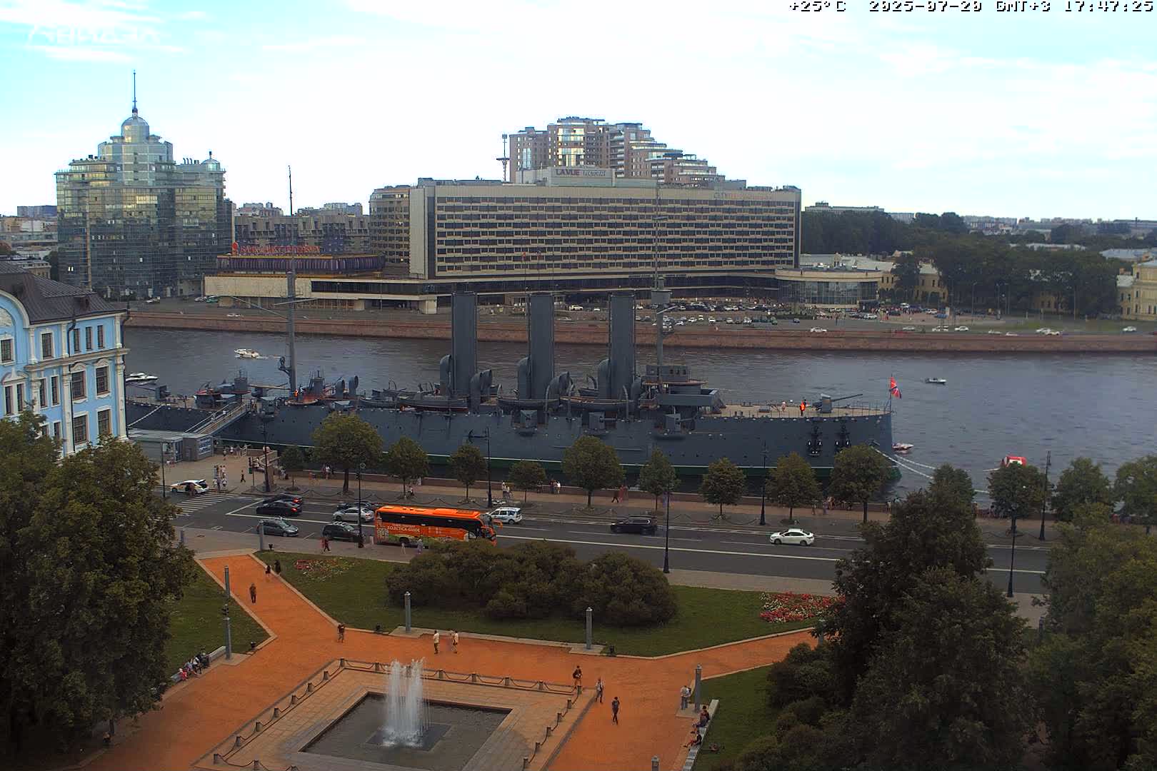 Museum of Russian Historic Cruiser Ship/Aurora Concert Hall & East St. Petersburg Skyline Live Cam - Posadsky, Petrogradsky, Saint Petersburg, Northwestern (Severo-Zapadnyy), Russia