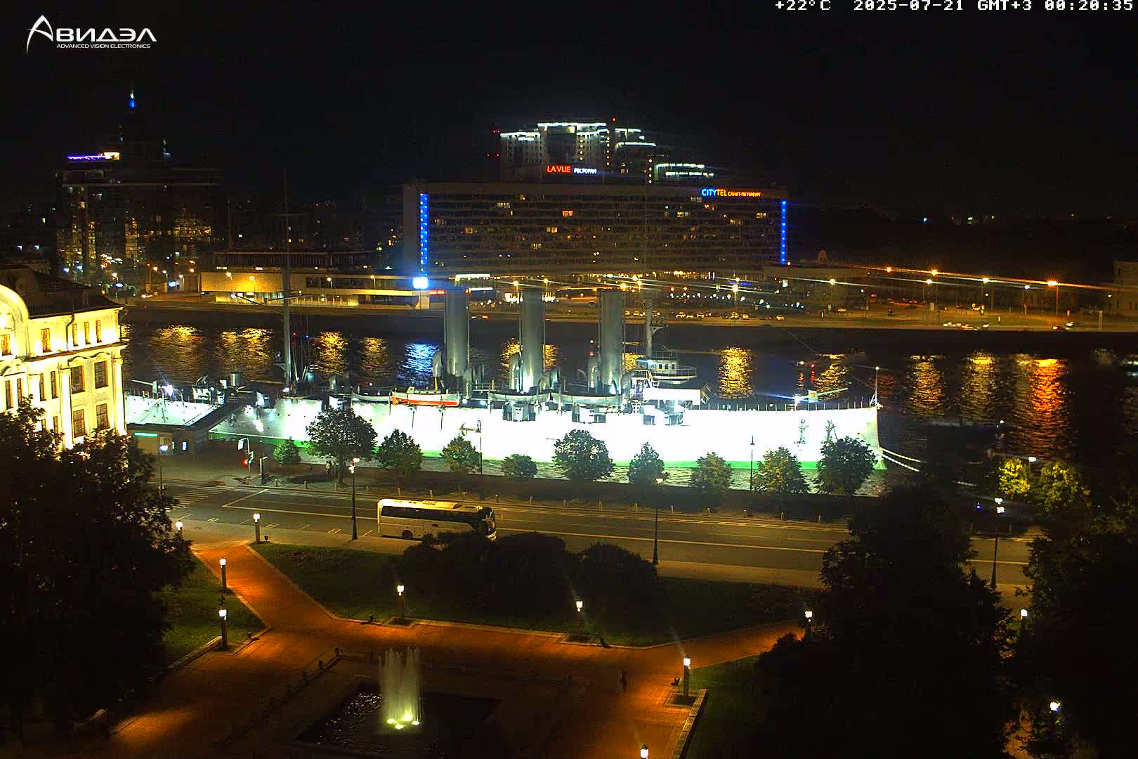 Museum of Russian Historic Cruiser Ship/Aurora Concert Hall & East St. Petersburg Skyline Live Cam - Posadsky, Petrogradsky, Saint Petersburg, Northwestern (Severo-Zapadnyy), Russia