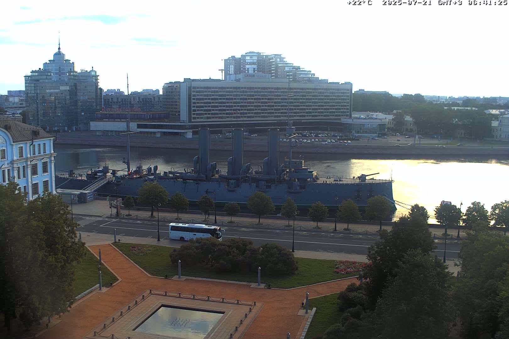 Museum of Russian Historic Cruiser Ship/Aurora Concert Hall & East St. Petersburg Skyline Live Cam - Posadsky, Petrogradsky, Saint Petersburg, Northwestern (Severo-Zapadnyy), Russia