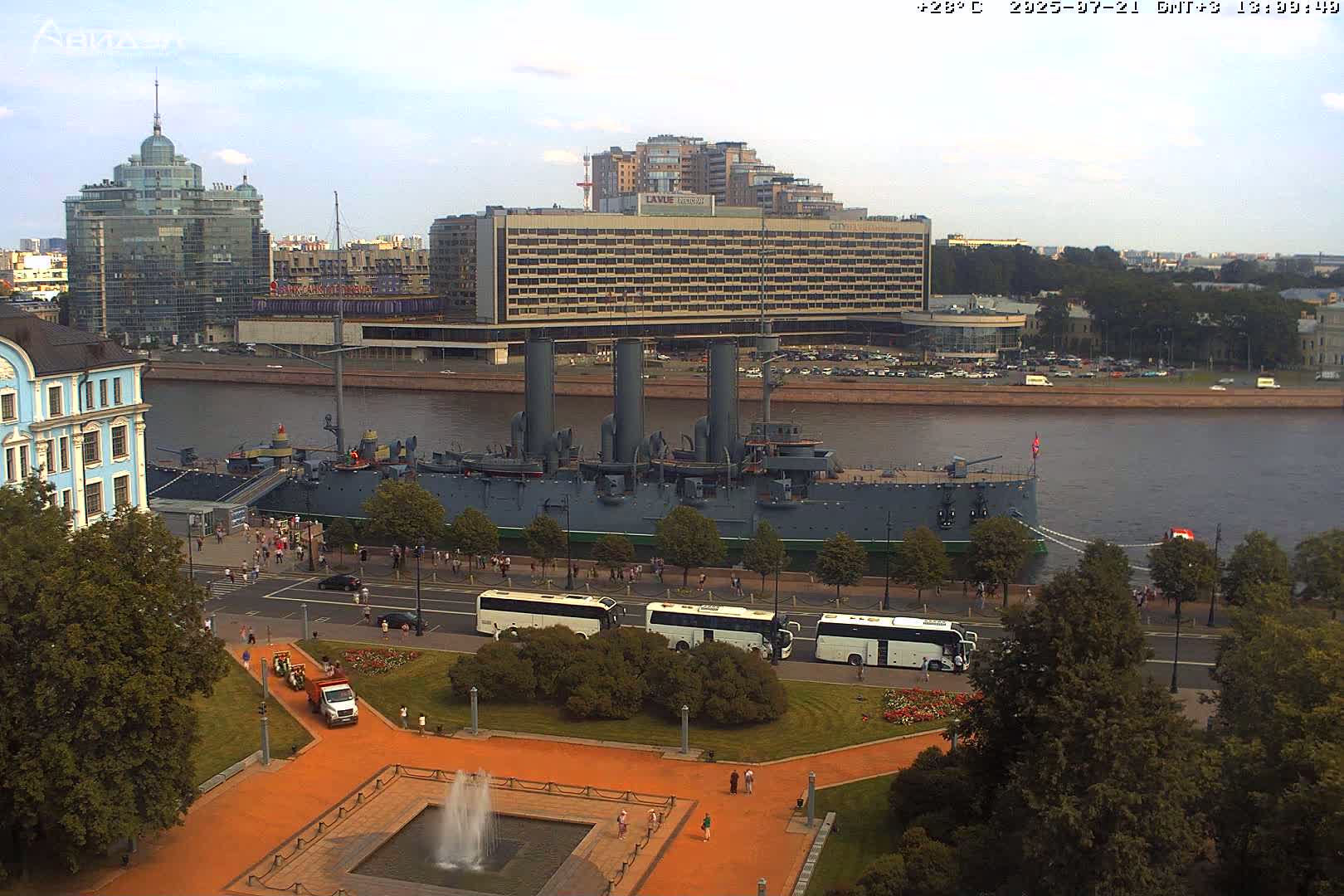 Museum of Russian Historic Cruiser Ship/Aurora Concert Hall & East St. Petersburg Skyline Live Cam - Posadsky, Petrogradsky, Saint Petersburg, Northwestern (Severo-Zapadnyy), Russia