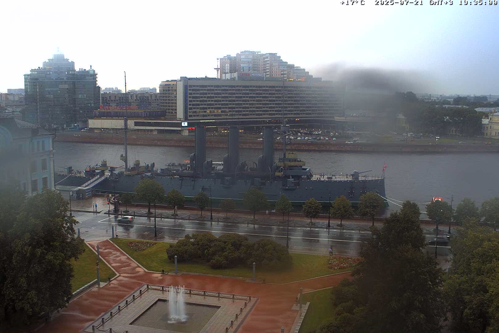 Museum of Russian Historic Cruiser Ship/Aurora Concert Hall & East St. Petersburg Skyline Live Cam - Posadsky, Petrogradsky, Saint Petersburg, Northwestern (Severo-Zapadnyy), Russia