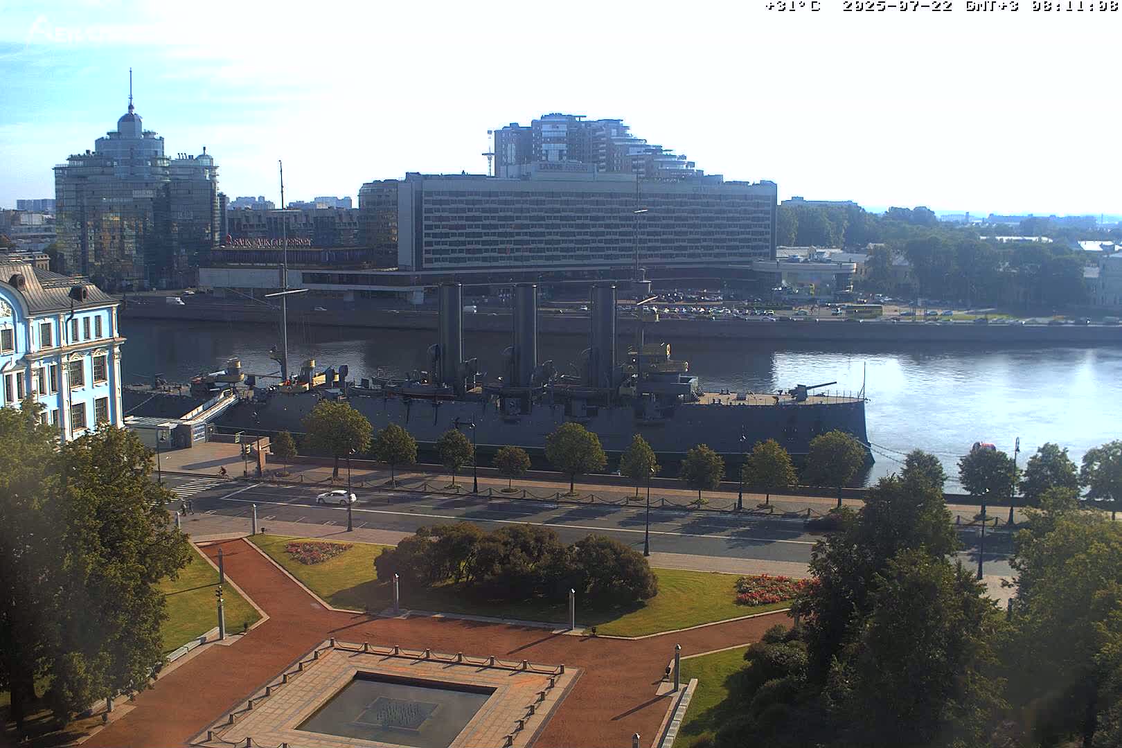Museum of Russian Historic Cruiser Ship/Aurora Concert Hall & East St. Petersburg Skyline Live Cam - Posadsky, Petrogradsky, Saint Petersburg, Northwestern (Severo-Zapadnyy), Russia