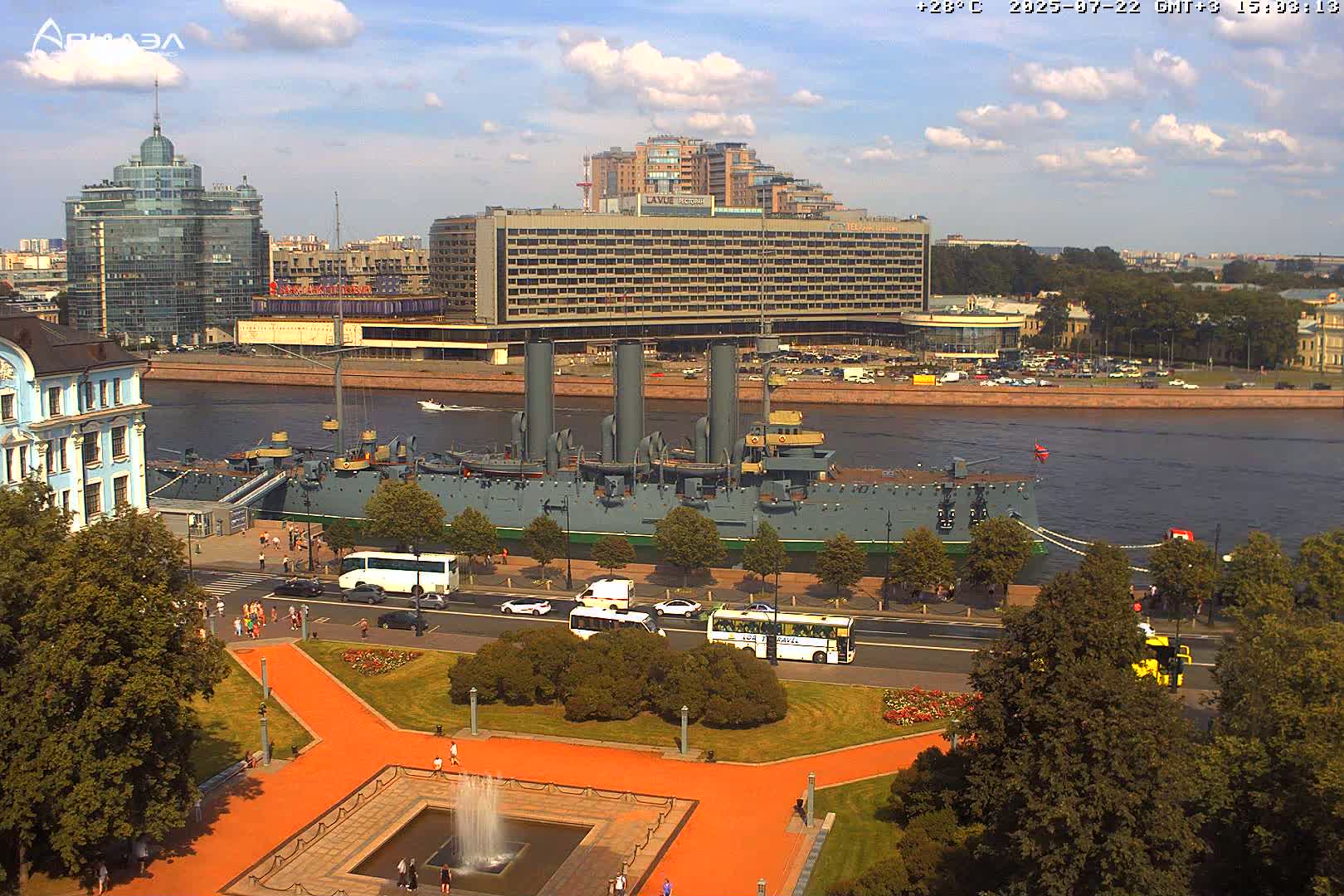 Museum of Russian Historic Cruiser Ship/Aurora Concert Hall & East St. Petersburg Skyline Live Cam - Posadsky, Petrogradsky, Saint Petersburg, Northwestern (Severo-Zapadnyy), Russia