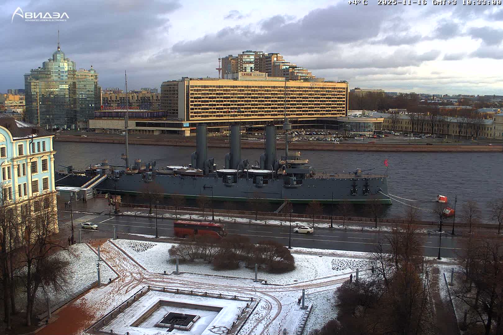 Museum of Russian Historic Cruiser Ship/Aurora Concert Hall & East St. Petersburg Skyline Live Cam - Posadsky, Petrogradsky, Saint Petersburg, Northwestern (Severo-Zapadnyy), Russia