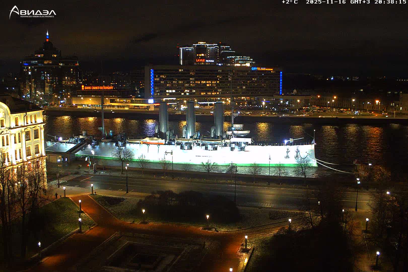 Museum of Russian Historic Cruiser Ship/Aurora Concert Hall & East St. Petersburg Skyline Live Cam - Posadsky, Petrogradsky, Saint Petersburg, Northwestern (Severo-Zapadnyy), Russia