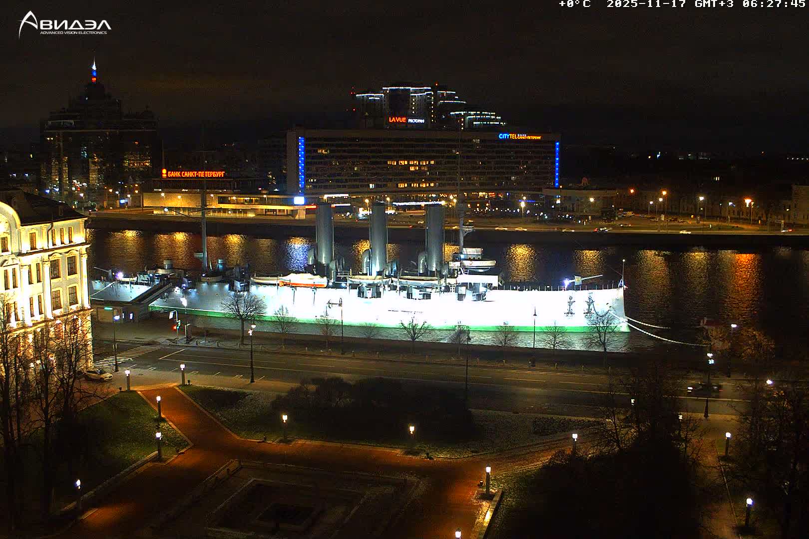 Museum of Russian Historic Cruiser Ship/Aurora Concert Hall & East St. Petersburg Skyline Live Cam - Posadsky, Petrogradsky, Saint Petersburg, Northwestern (Severo-Zapadnyy), Russia