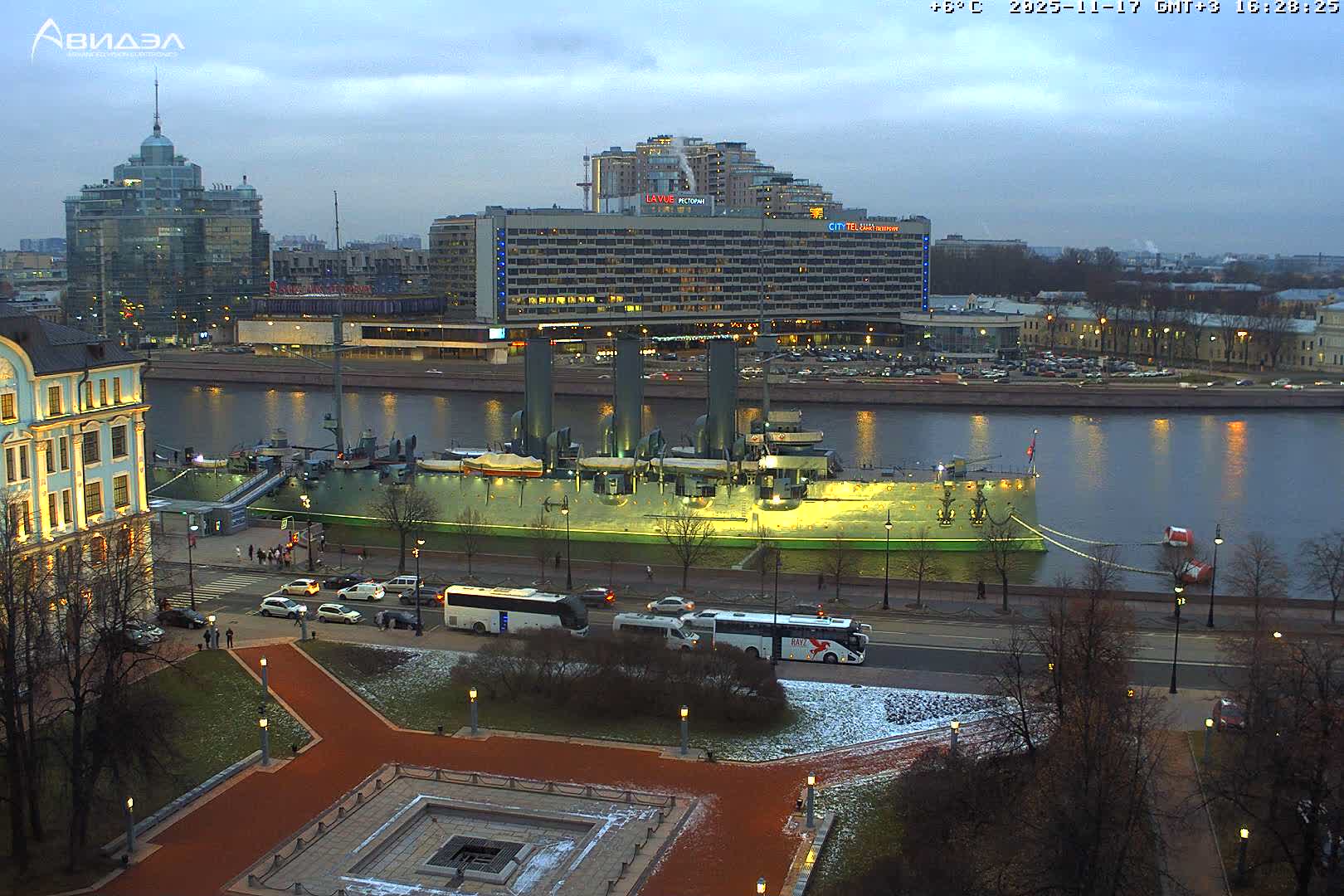 Museum of Russian Historic Cruiser Ship/Aurora Concert Hall & East St. Petersburg Skyline Live Cam - Posadsky, Petrogradsky, Saint Petersburg, Northwestern (Severo-Zapadnyy), Russia