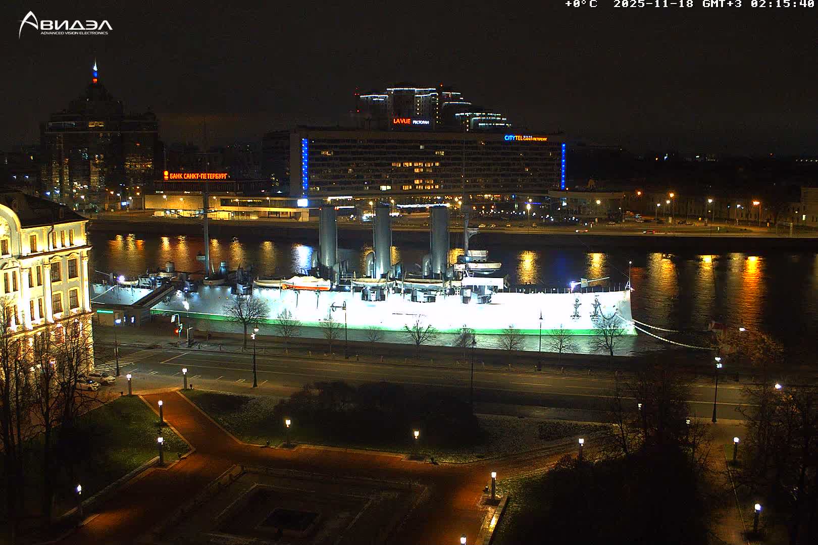Museum of Russian Historic Cruiser Ship/Aurora Concert Hall & East St. Petersburg Skyline Live Cam - Posadsky, Petrogradsky, Saint Petersburg, Northwestern (Severo-Zapadnyy), Russia