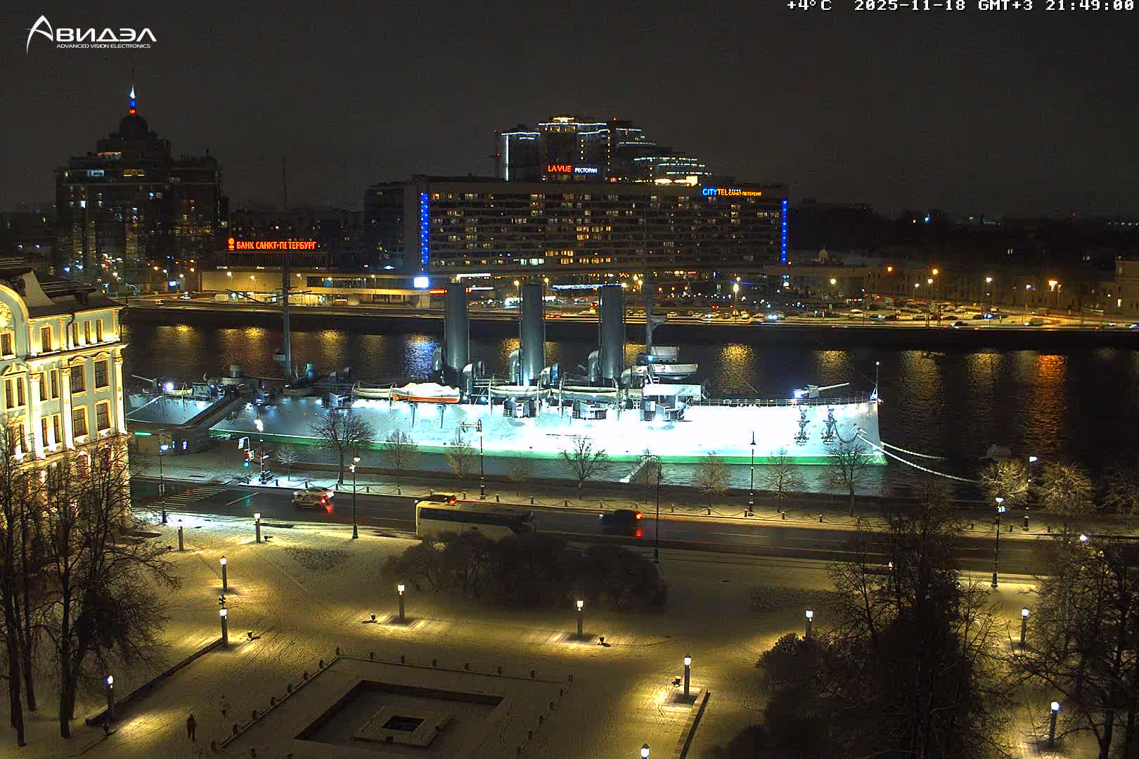 Museum of Russian Historic Cruiser Ship/Aurora Concert Hall & East St. Petersburg Skyline Live Cam - Posadsky, Petrogradsky, Saint Petersburg, Northwestern (Severo-Zapadnyy), Russia