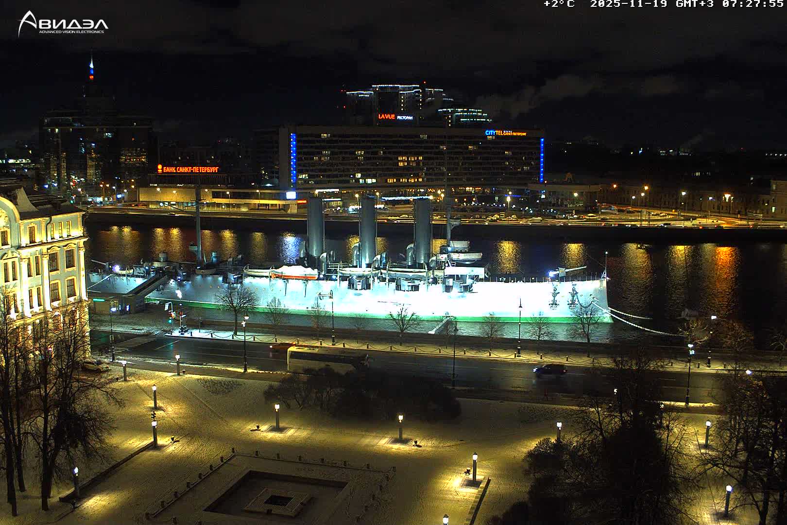 Museum of Russian Historic Cruiser Ship/Aurora Concert Hall & East St. Petersburg Skyline Live Cam - Posadsky, Petrogradsky, Saint Petersburg, Northwestern (Severo-Zapadnyy), Russia