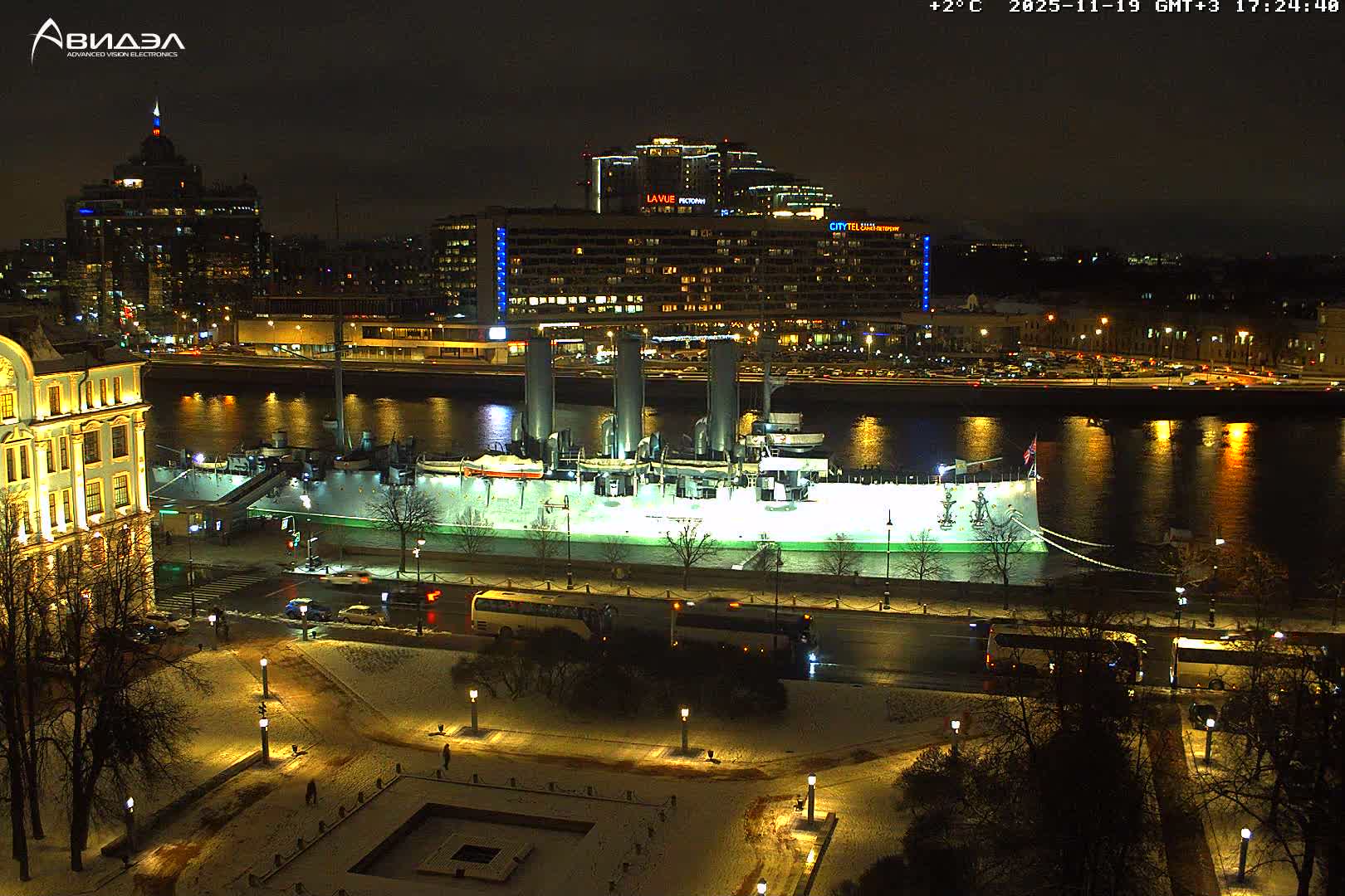 Museum of Russian Historic Cruiser Ship/Aurora Concert Hall & East St. Petersburg Skyline Live Cam - Posadsky, Petrogradsky, Saint Petersburg, Northwestern (Severo-Zapadnyy), Russia
