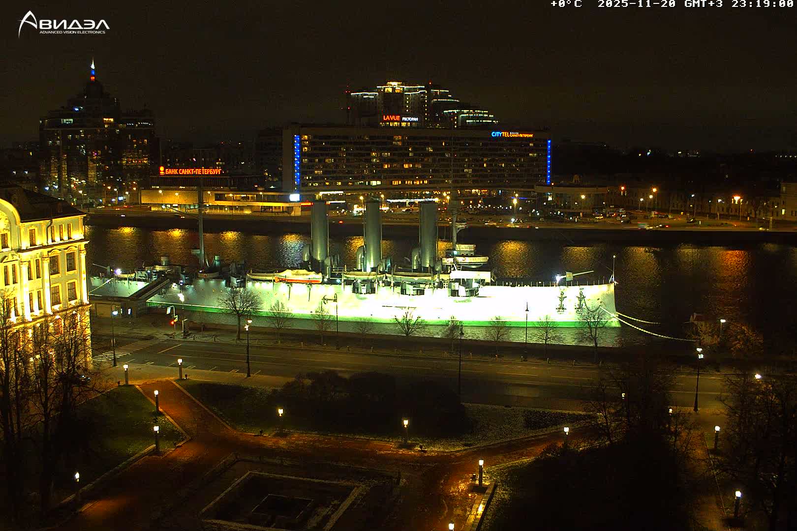 Museum of Russian Historic Cruiser Ship/Aurora Concert Hall & East St. Petersburg Skyline Live Cam - Posadsky, Petrogradsky, Saint Petersburg, Northwestern (Severo-Zapadnyy), Russia
