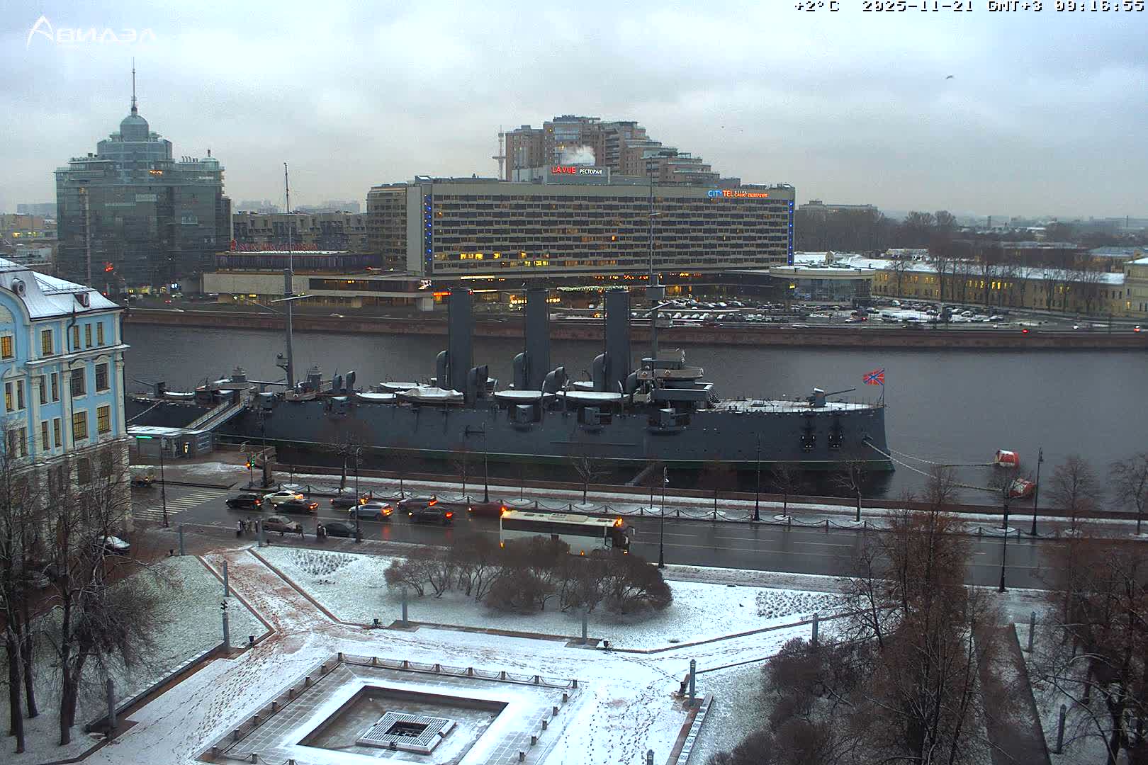 Museum of Russian Historic Cruiser Ship/Aurora Concert Hall & East St. Petersburg Skyline Live Cam - Posadsky, Petrogradsky, Saint Petersburg, Northwestern (Severo-Zapadnyy), Russia