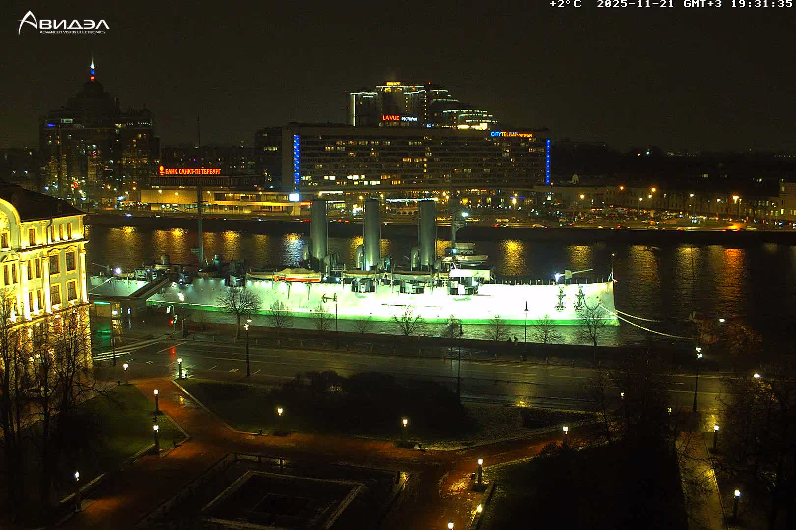 Museum of Russian Historic Cruiser Ship/Aurora Concert Hall & East St. Petersburg Skyline Live Cam - Posadsky, Petrogradsky, Saint Petersburg, Northwestern (Severo-Zapadnyy), Russia