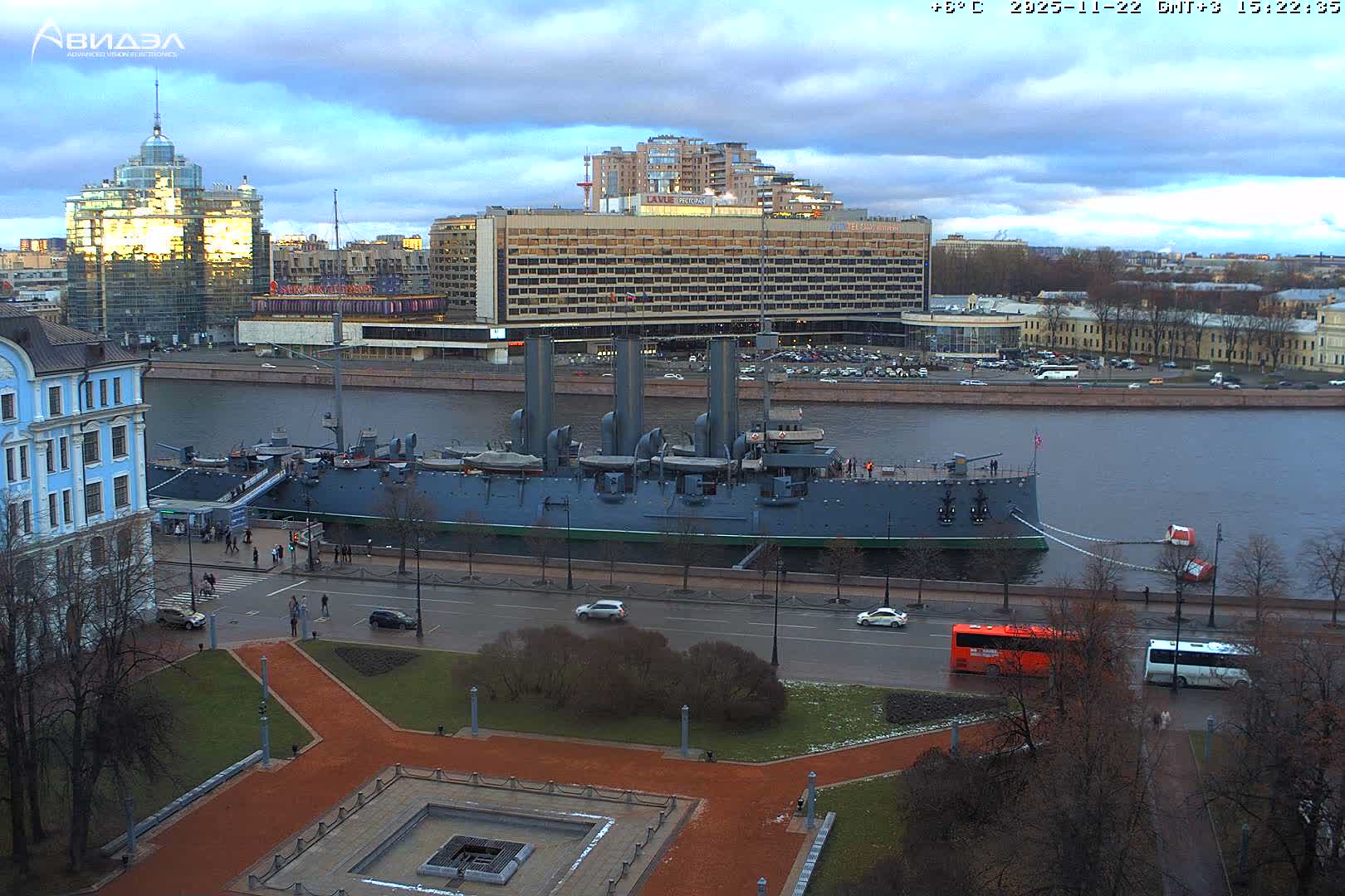 Museum of Russian Historic Cruiser Ship/Aurora Concert Hall & East St. Petersburg Skyline Live Cam - Posadsky, Petrogradsky, Saint Petersburg, Northwestern (Severo-Zapadnyy), Russia